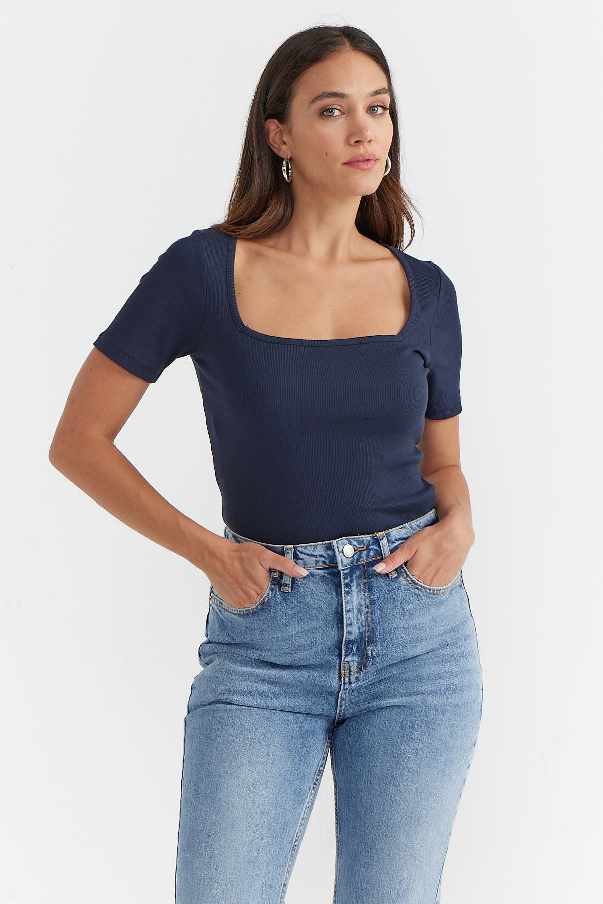 Women's Square Neck Ribbed Blouse