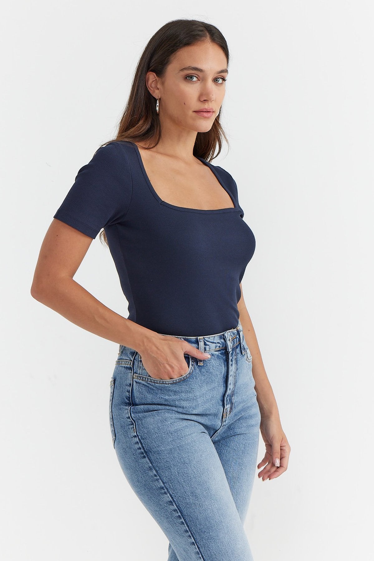 Women's Square Neck Ribbed Blouse