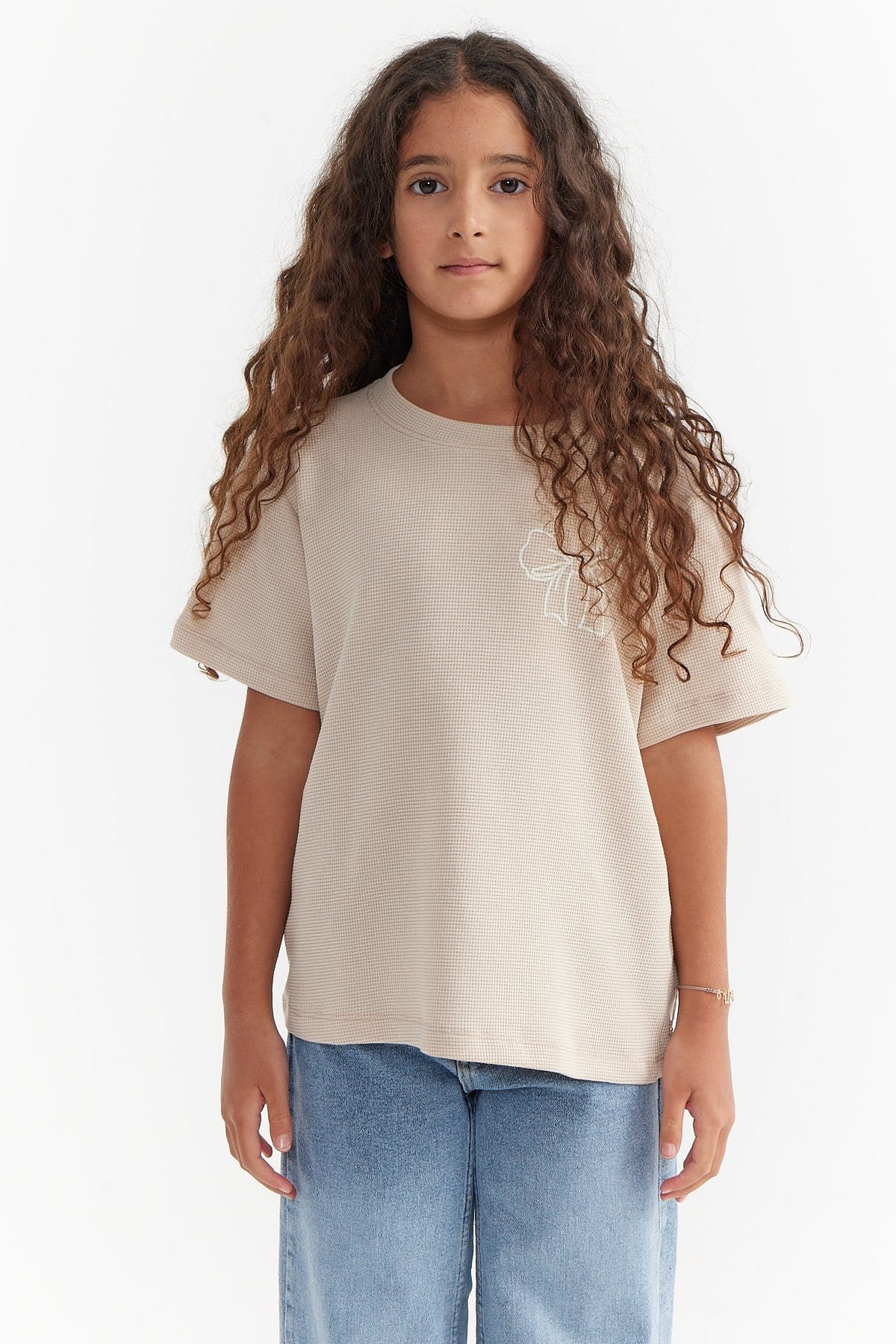 Girl's Printed Detailed Textured T-shirt