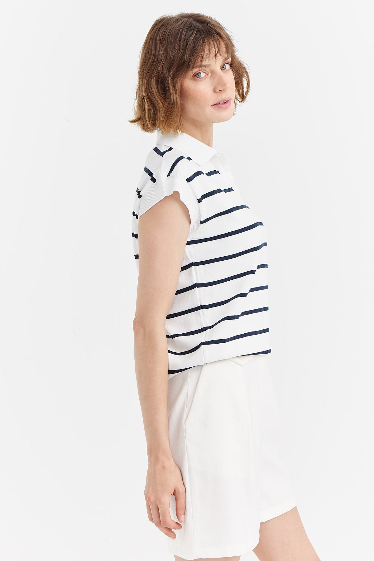 Women's Polo Collar Striped Knit T-shirt