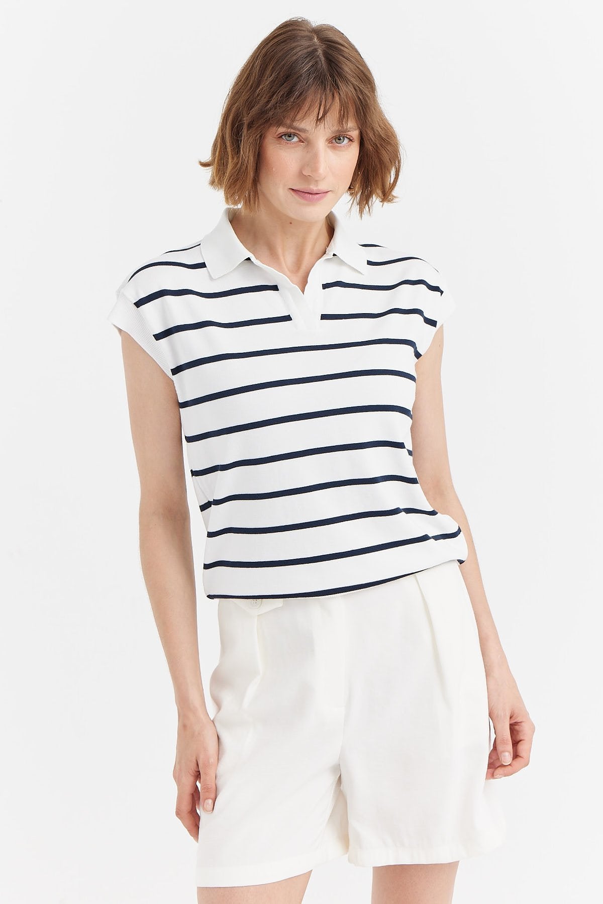Women's Polo Collar Striped Knit T-shirt