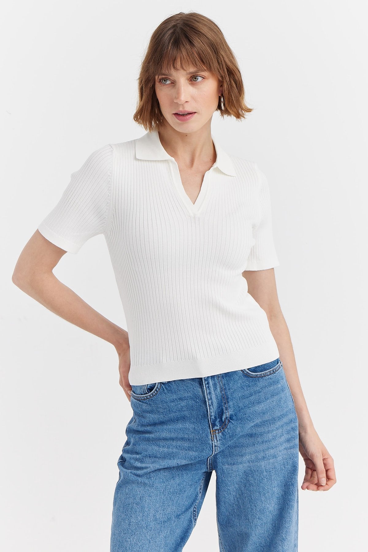 Women's Ribbed Polo Neck Knit T-shirt
