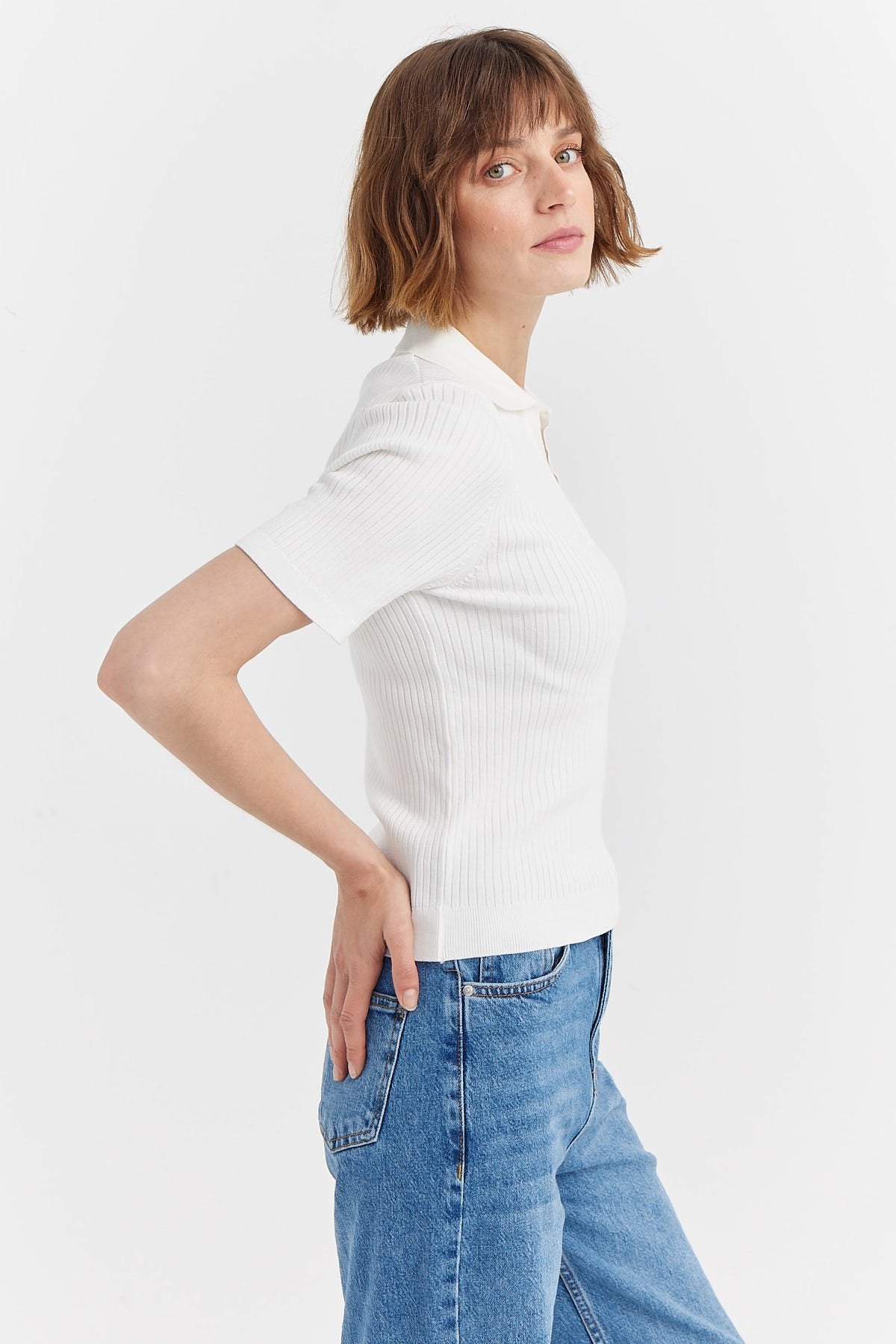 Women's Ribbed Polo Neck Knit T-shirt