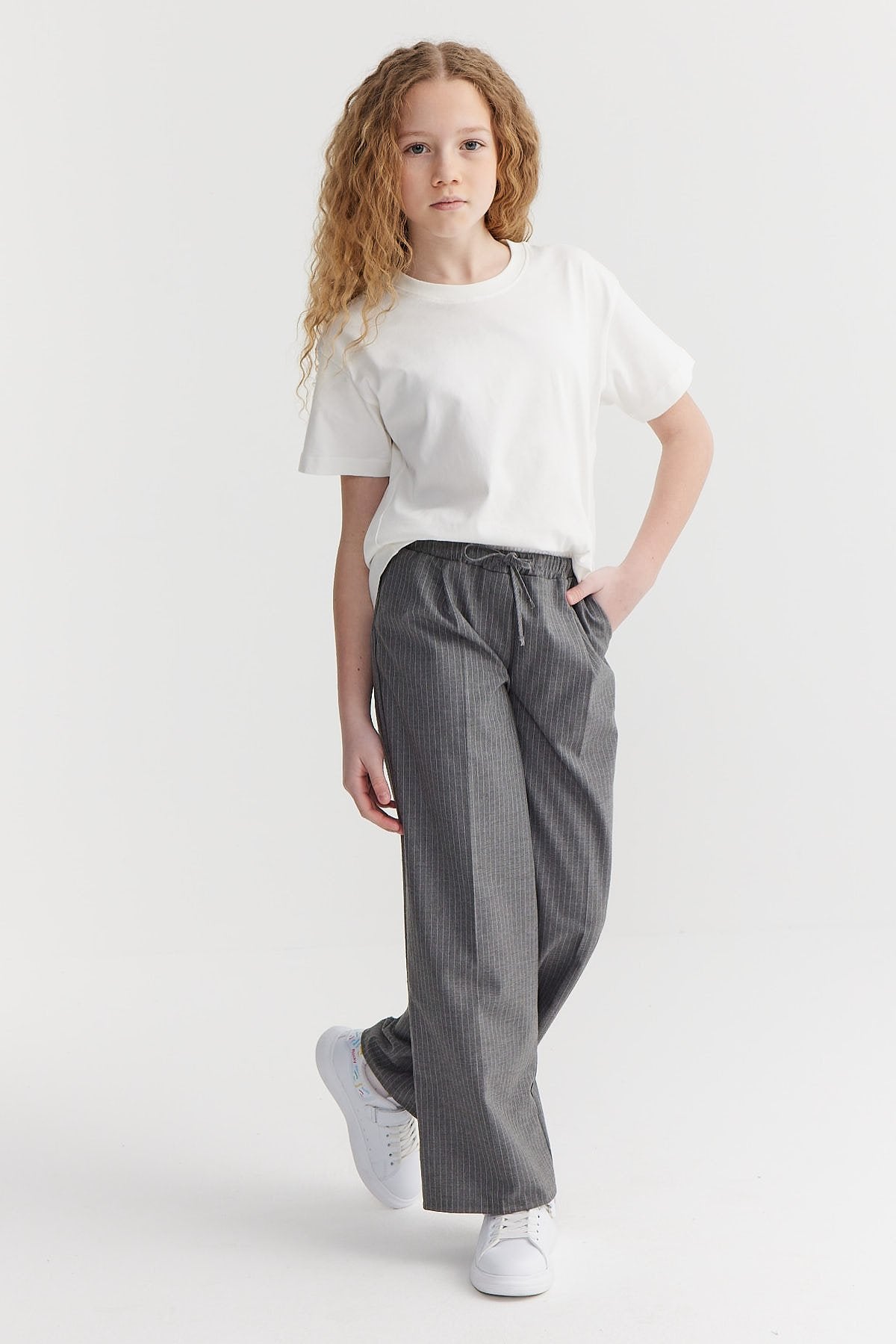 Girl's Double Waist Detailed Striped Trousers
