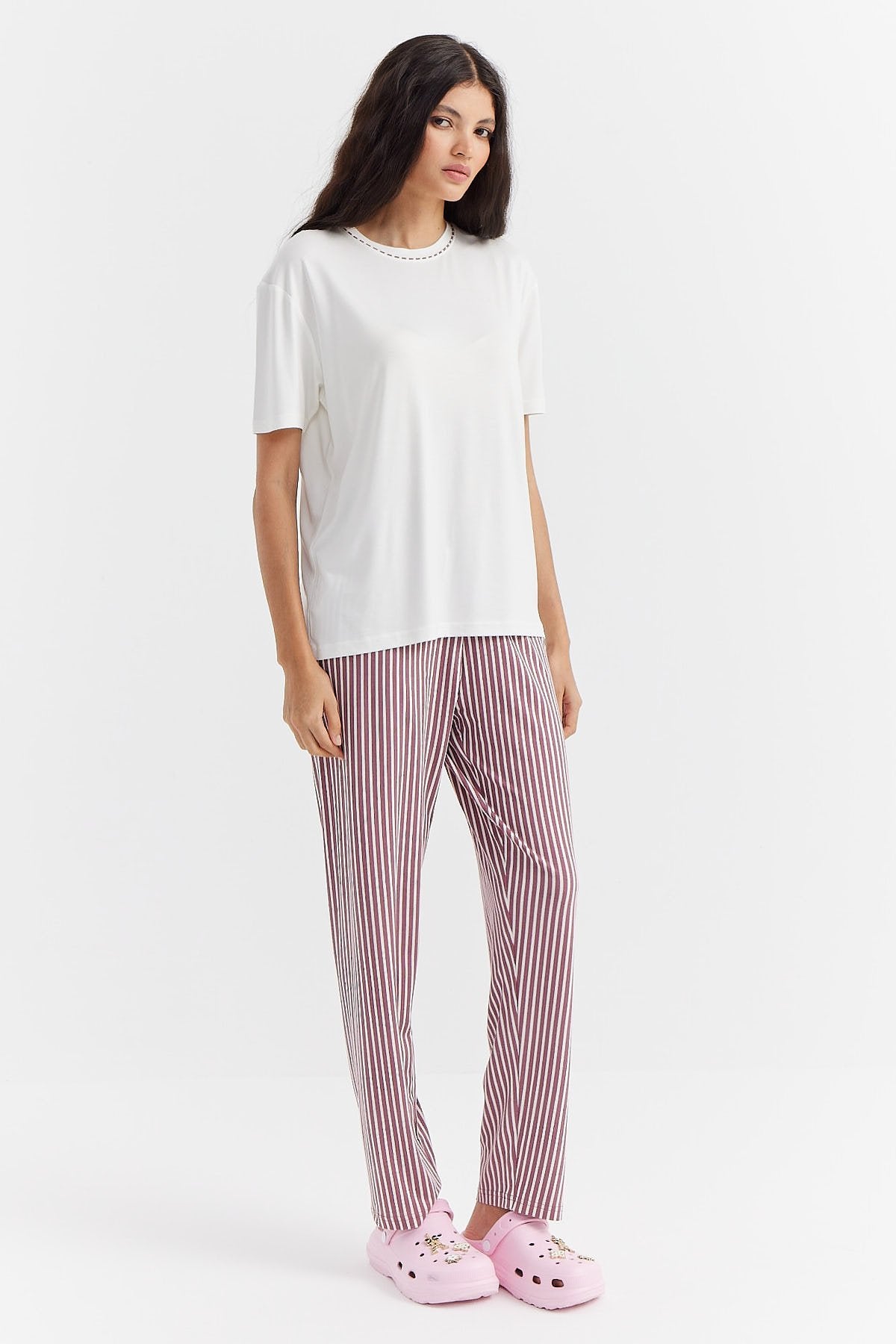 Kadın Çizgili Kısa Kollu Pijama Takımı