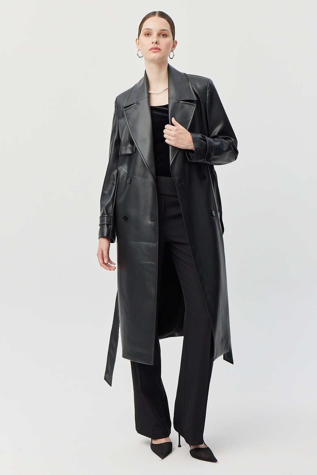 معطف ترنش جلدي بحزام للنساء