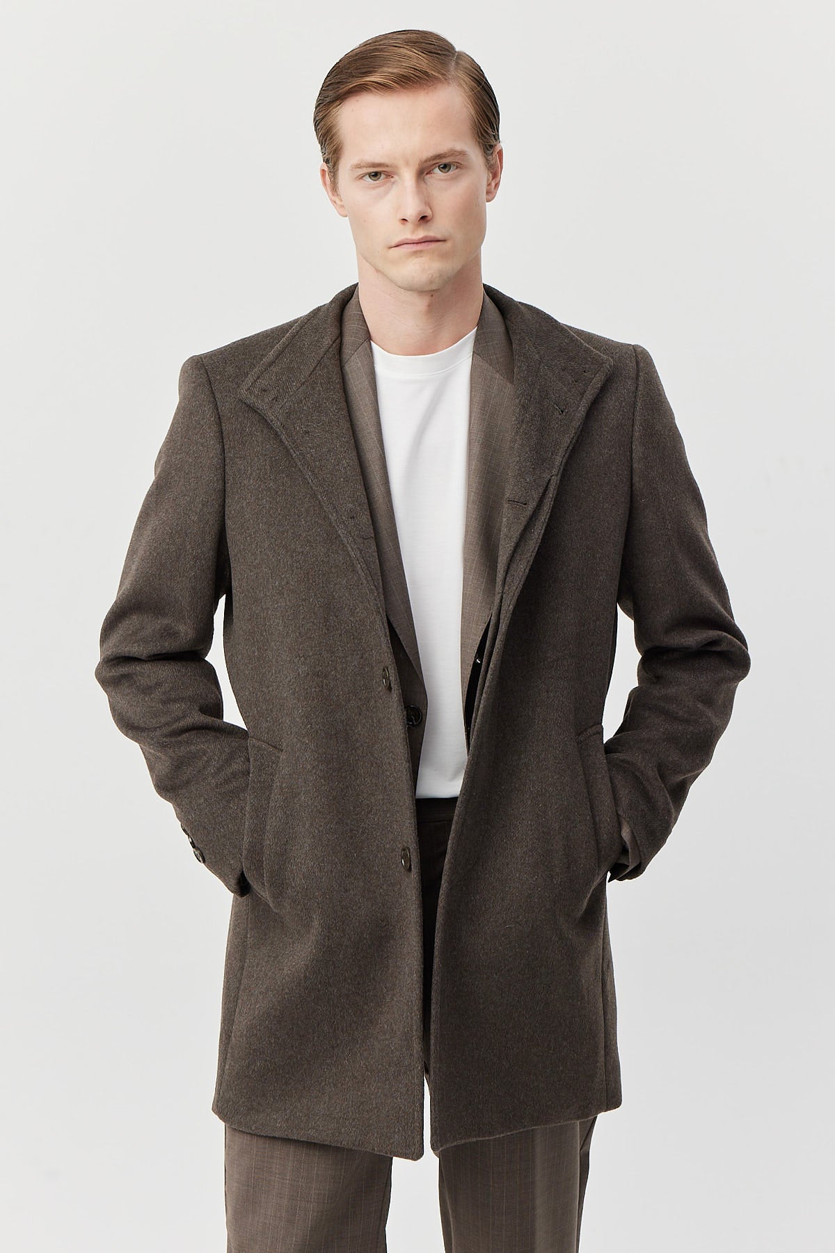 Men's Long Coat with Grandad Collar and Pockets