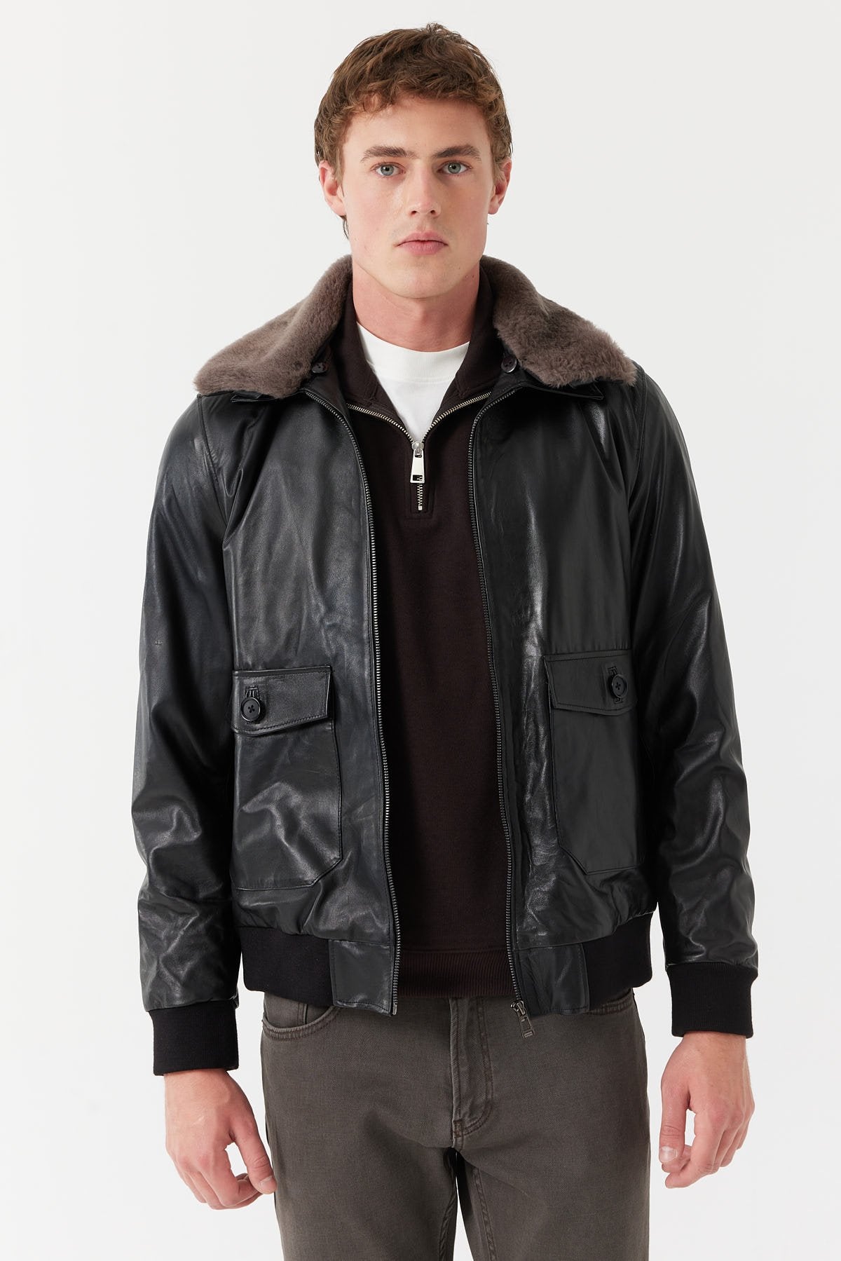 Men's Regular Collar Detailed Leather Coat