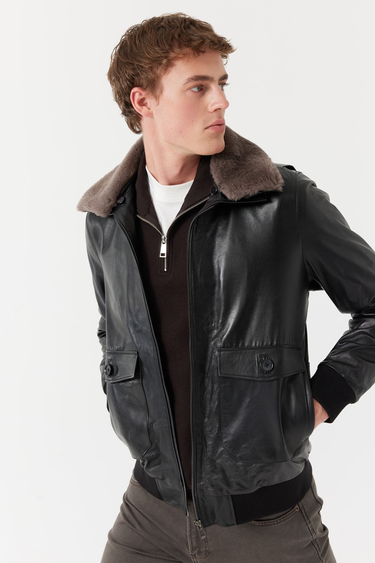 Men's Regular Collar Detailed Leather Coat