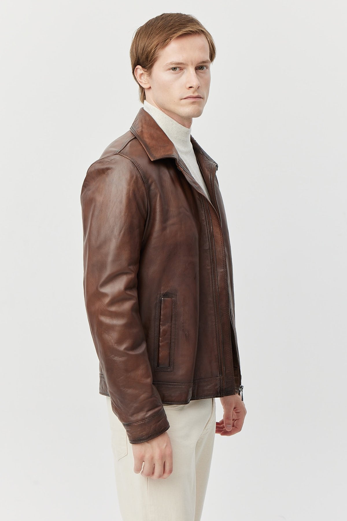 Erkek Fermuarlı Relax Fit Deri Mont