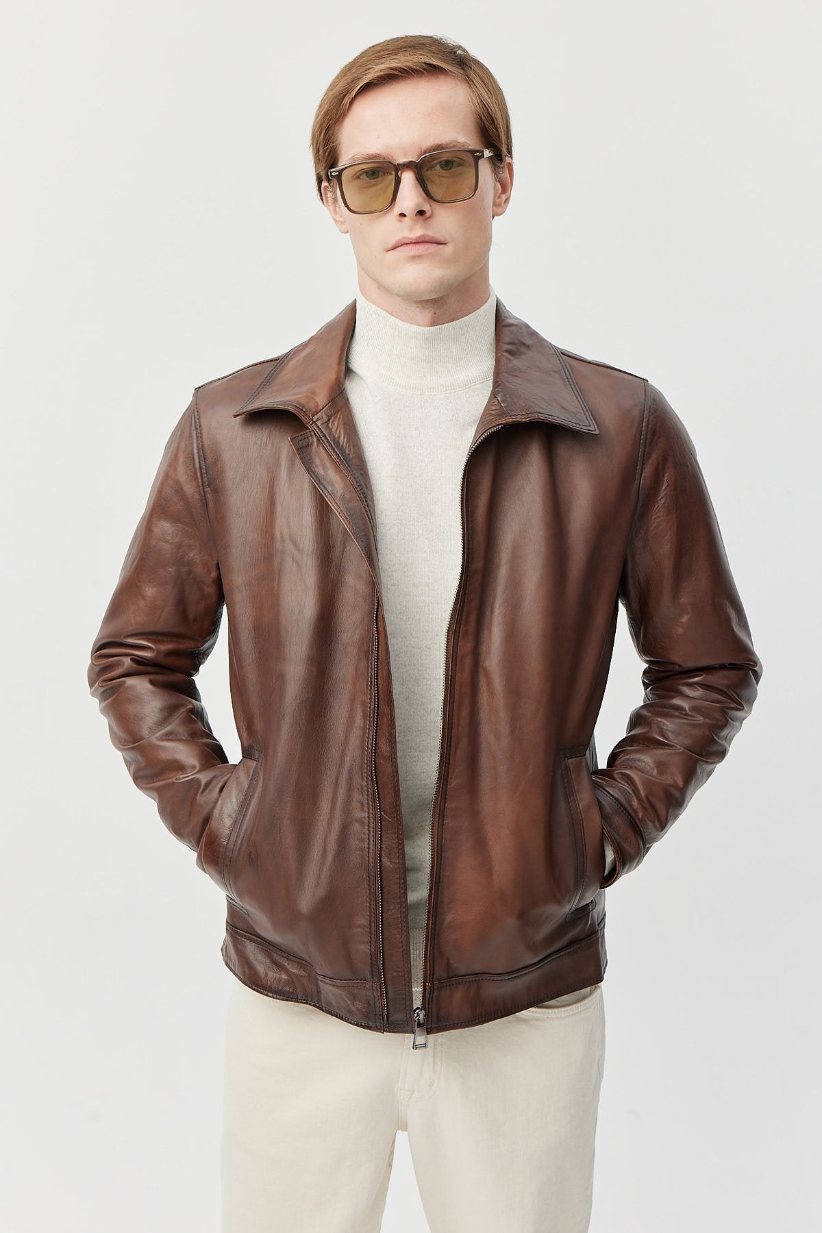 Erkek Fermuarlı Relax Fit Deri Mont