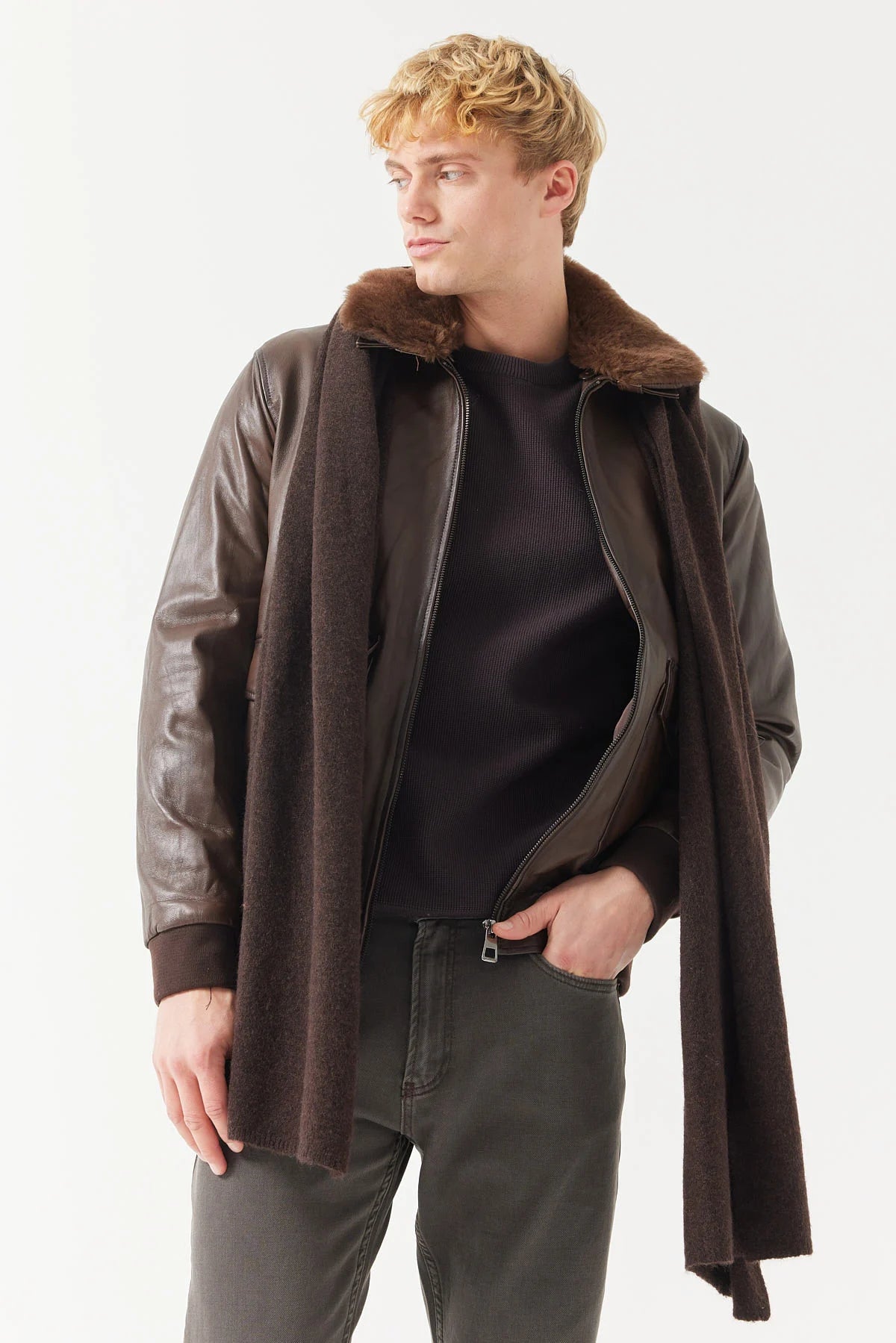 Men's Regular Collar Detailed Leather Coat