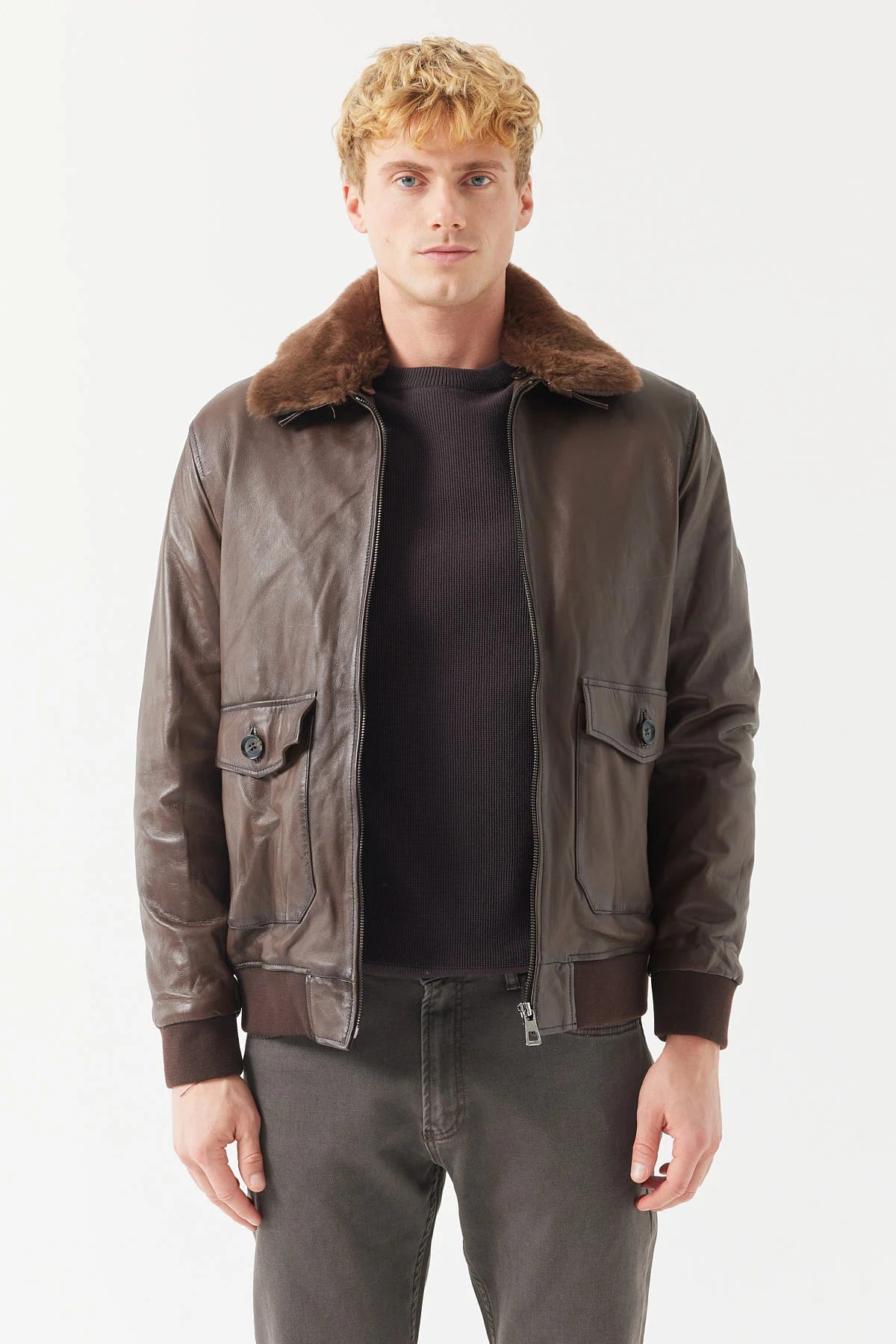 Men's Regular Collar Detailed Leather Coat