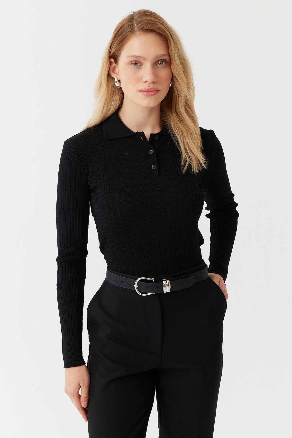 Women's Hair Knitted Patterned Polo Neck Sweater