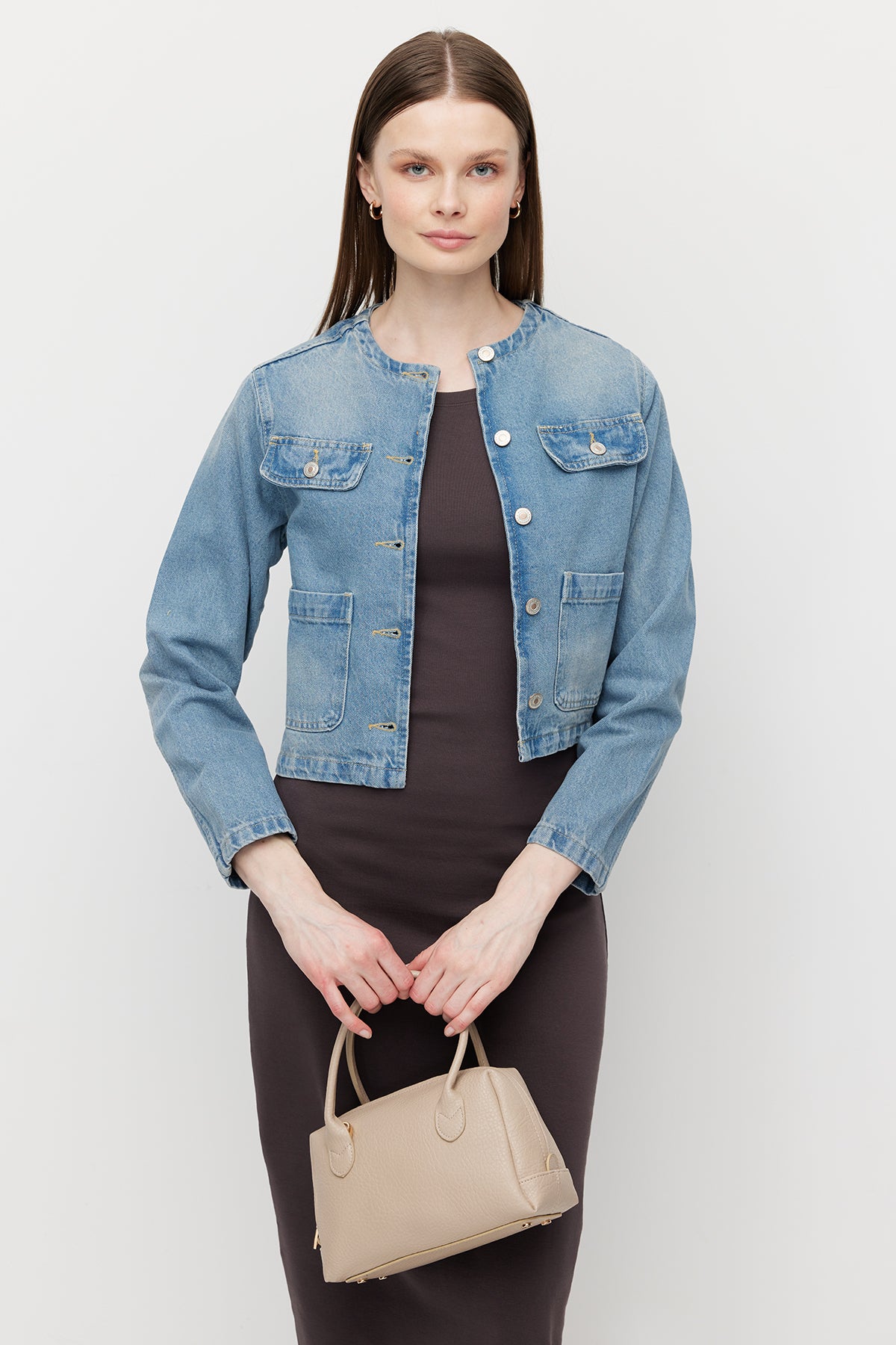 Women's Collarless Denim Jacket with Pocket Detail