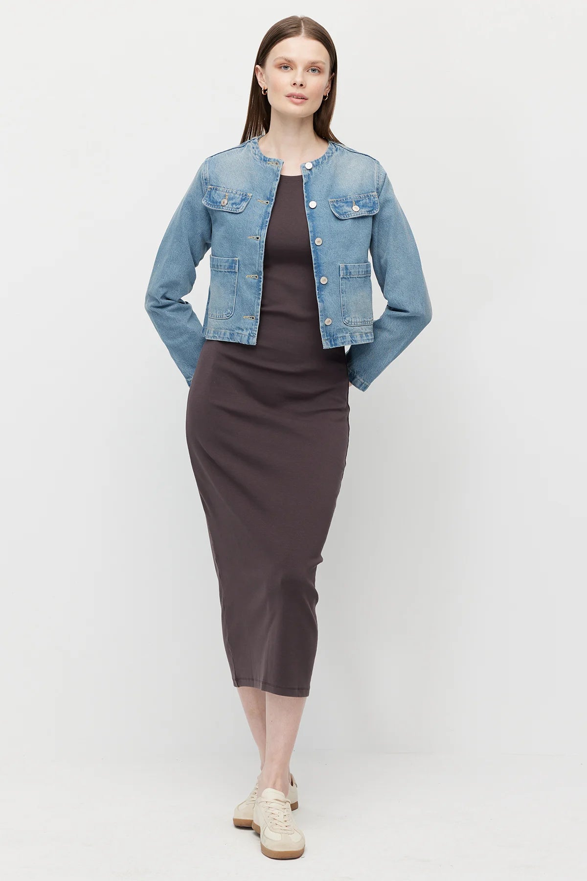 Women's Collarless Denim Jacket with Pocket Detail