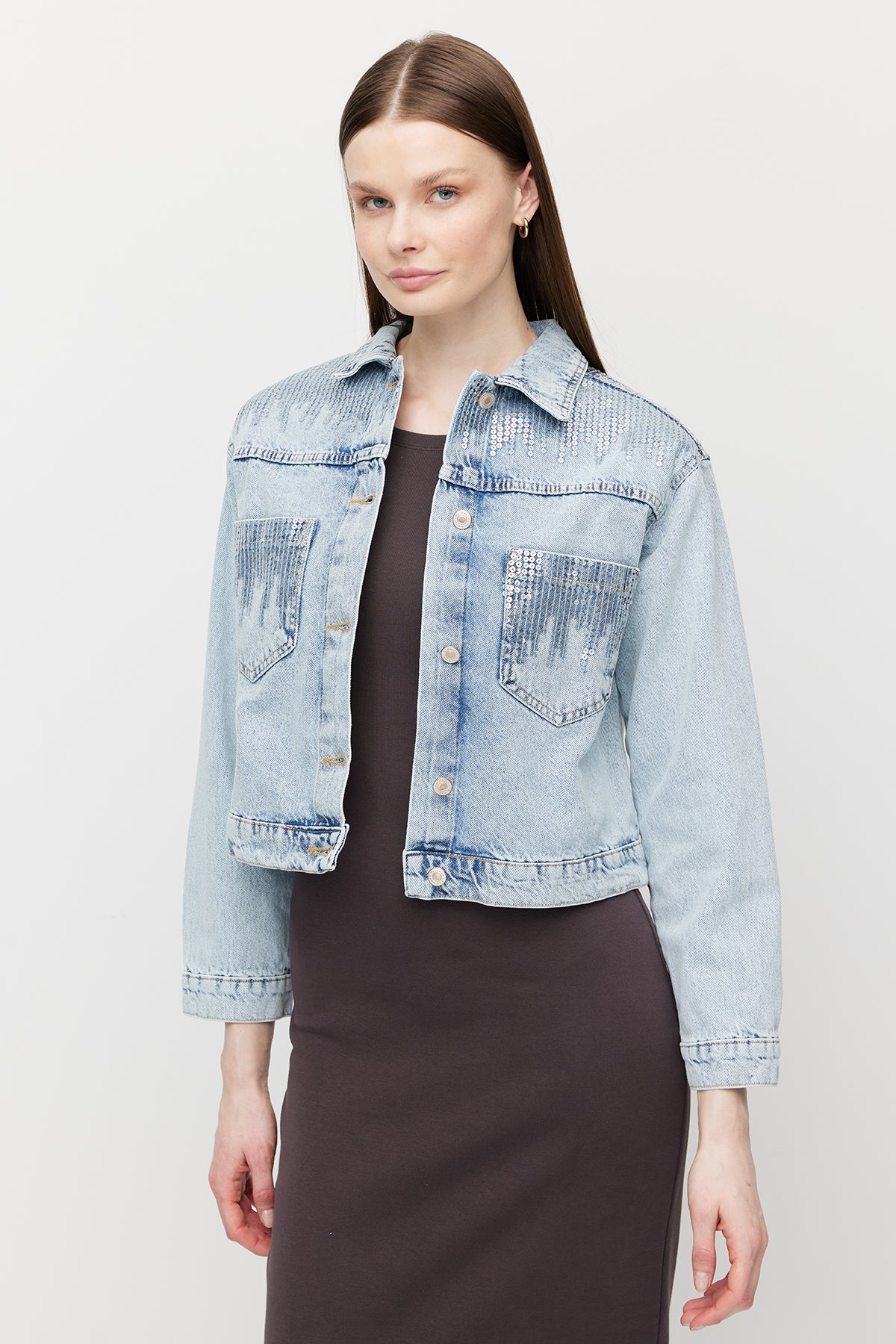 Women's Sequin Embellished Short Denim Jacket