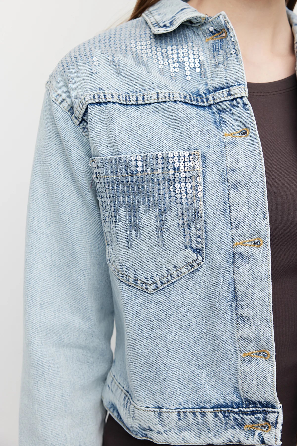 Women's Sequin Embellished Short Denim Jacket