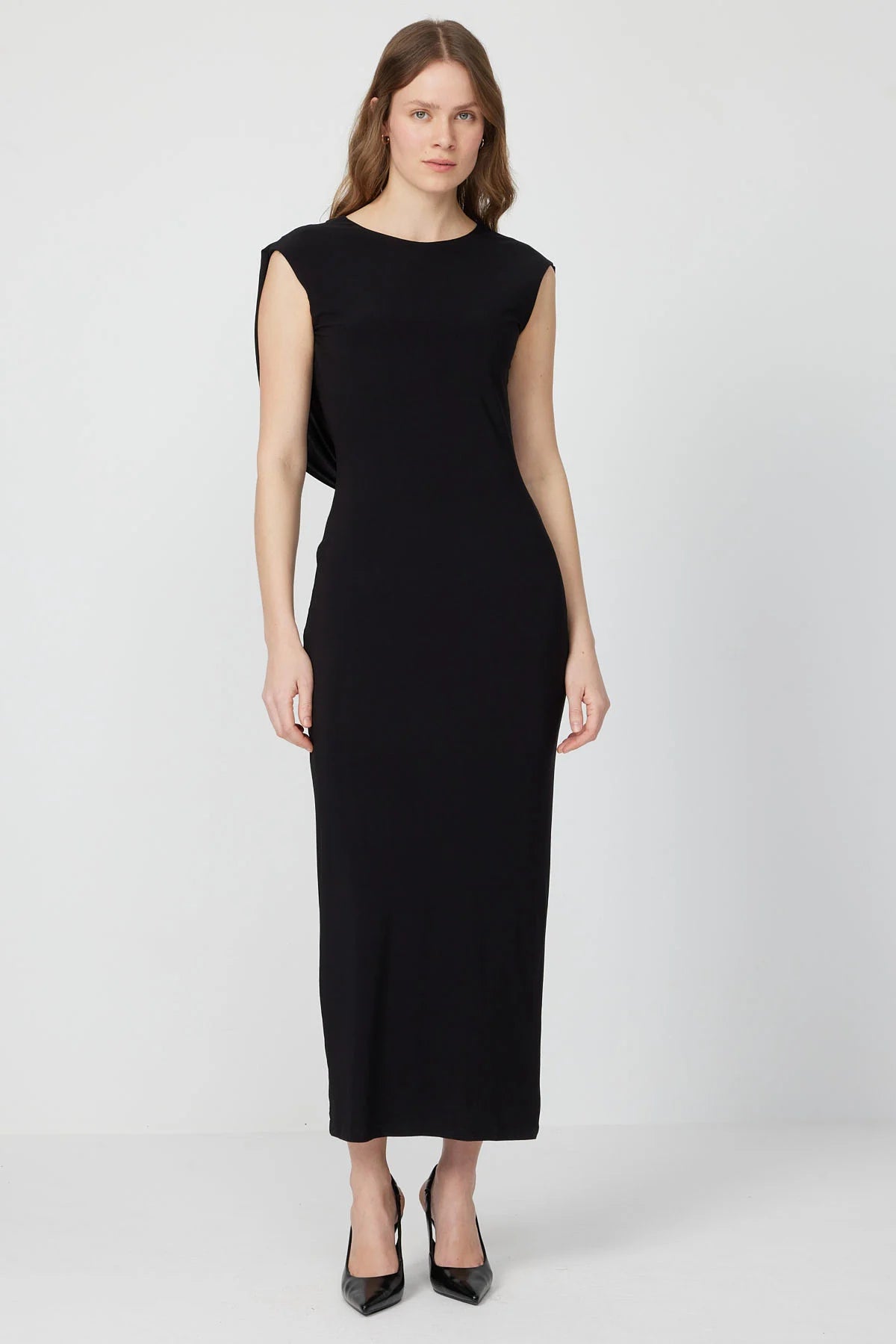 Women's Black Midi Dress with Draped Back Detail