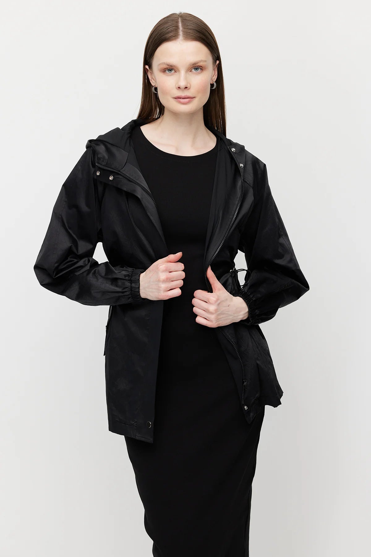 Women's Shiny Fabric Adjustable Waist Short Trench Coat