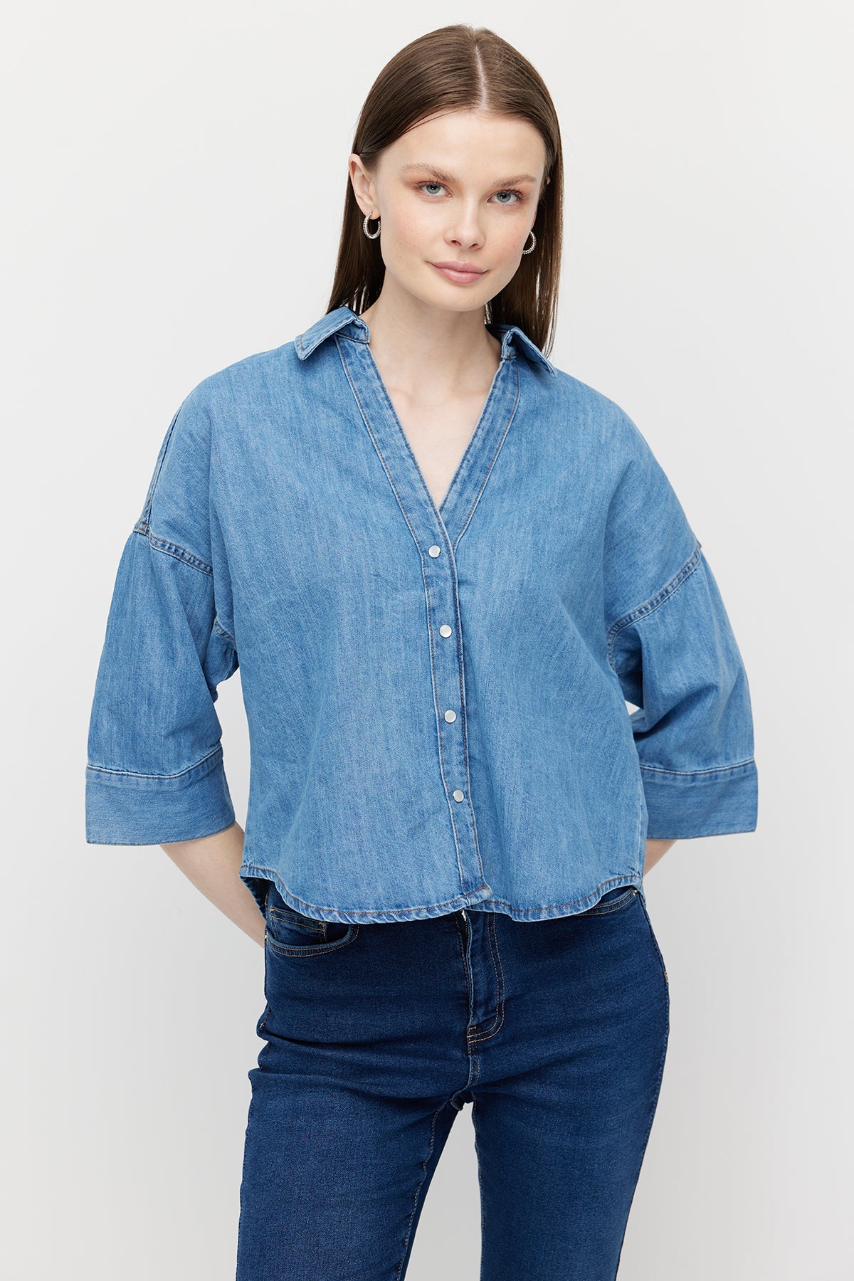 Women's V-Neck Oversize Denim Shirt