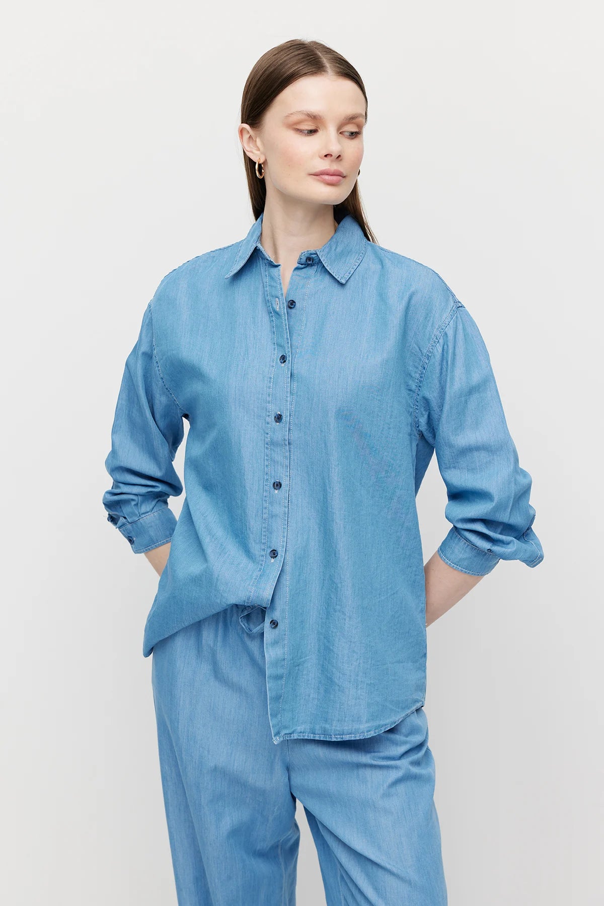 Kadın Beli Bağlamalı Denim Gömlek