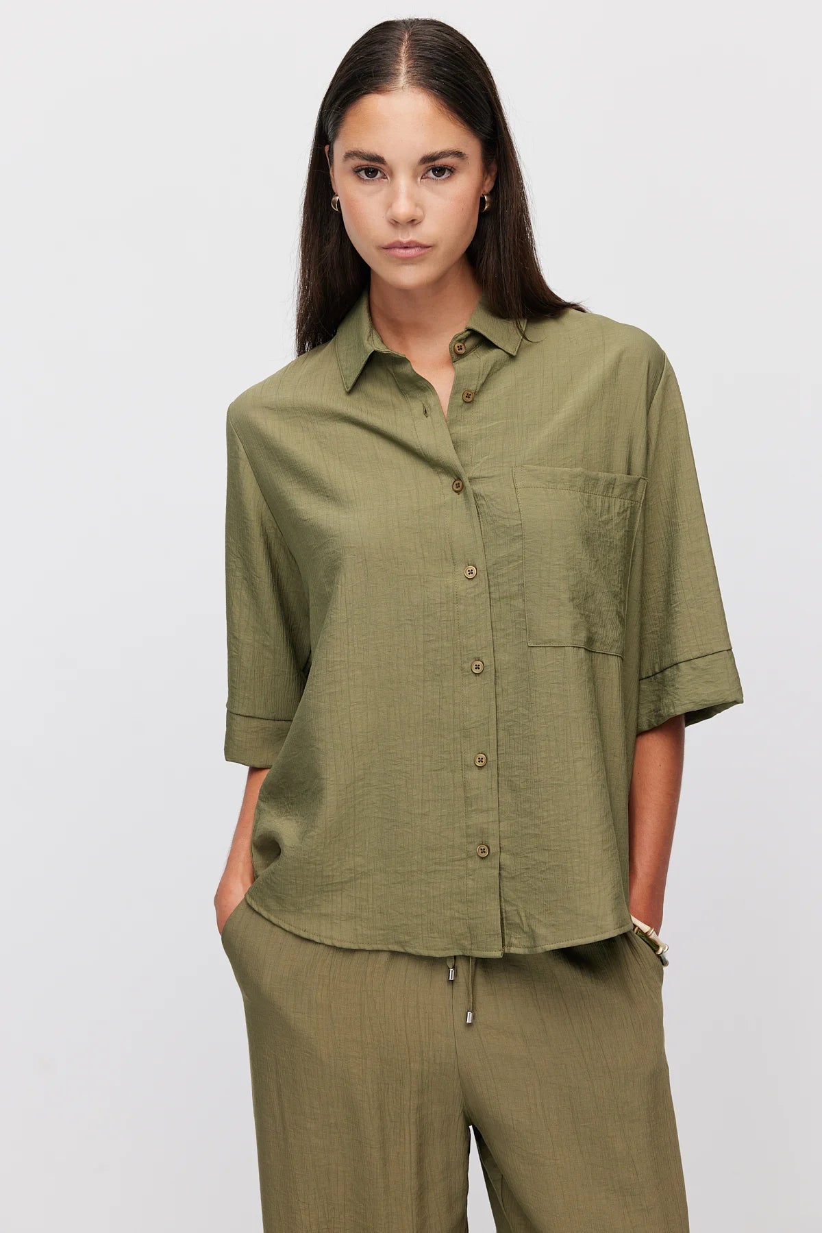 Women's Oversize Textured Double Sleeve Shirt