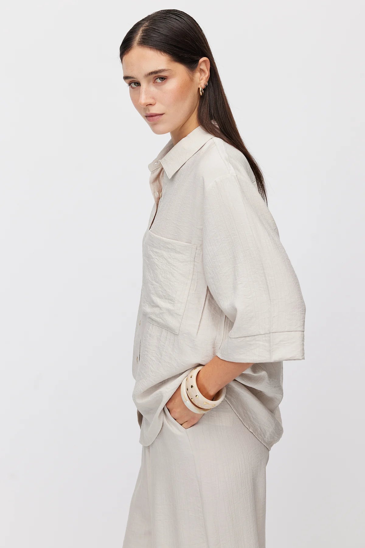 Women's Oversize Textured Double Sleeve Shirt