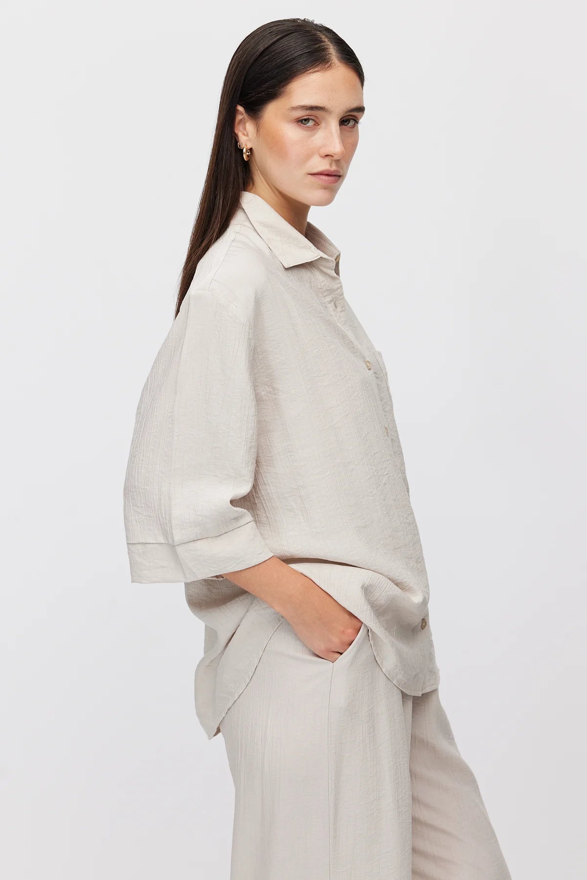 Women's Oversize Textured Double Sleeve Shirt