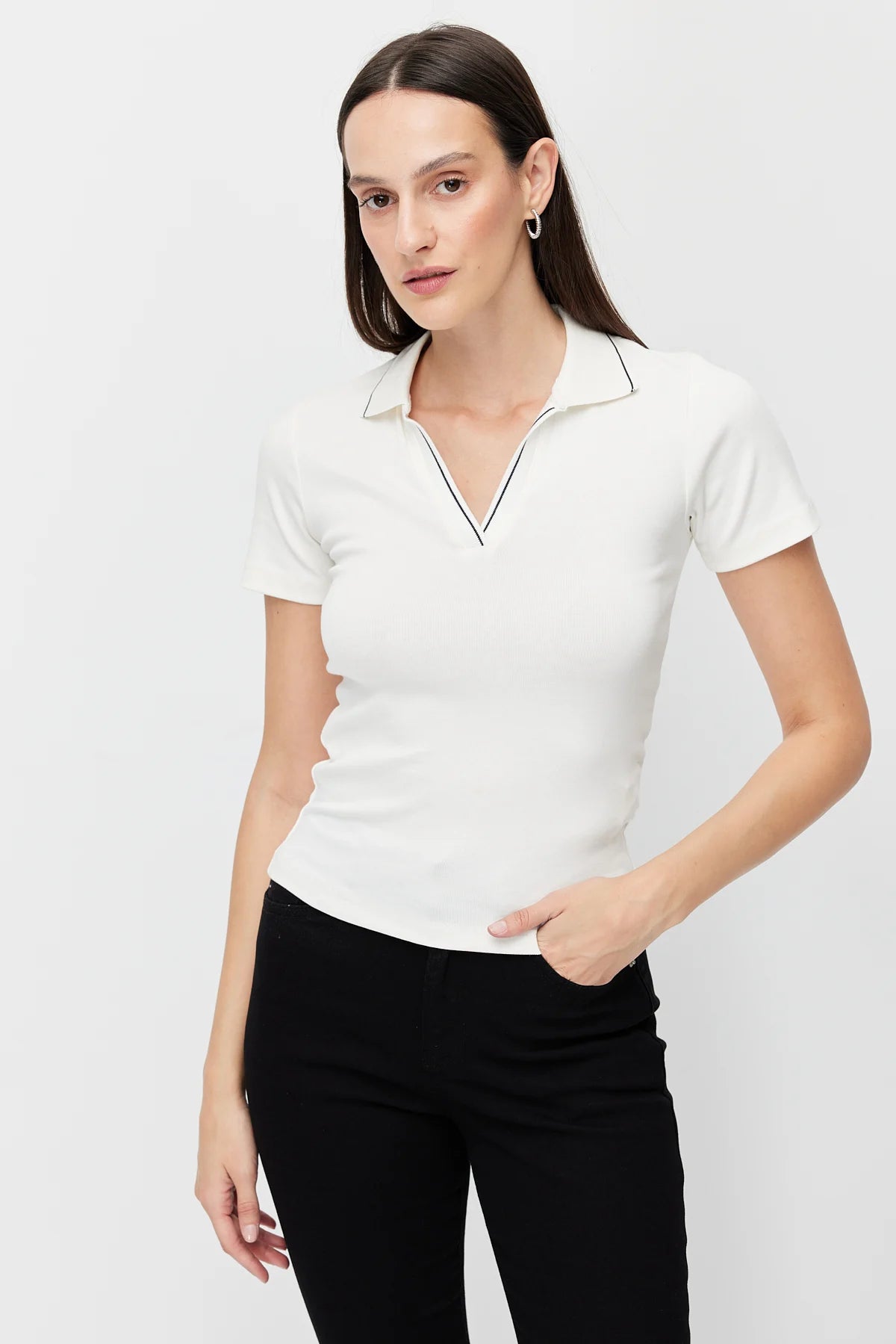 Women's Polo Collar Bodysuit with Contrast Stitching
