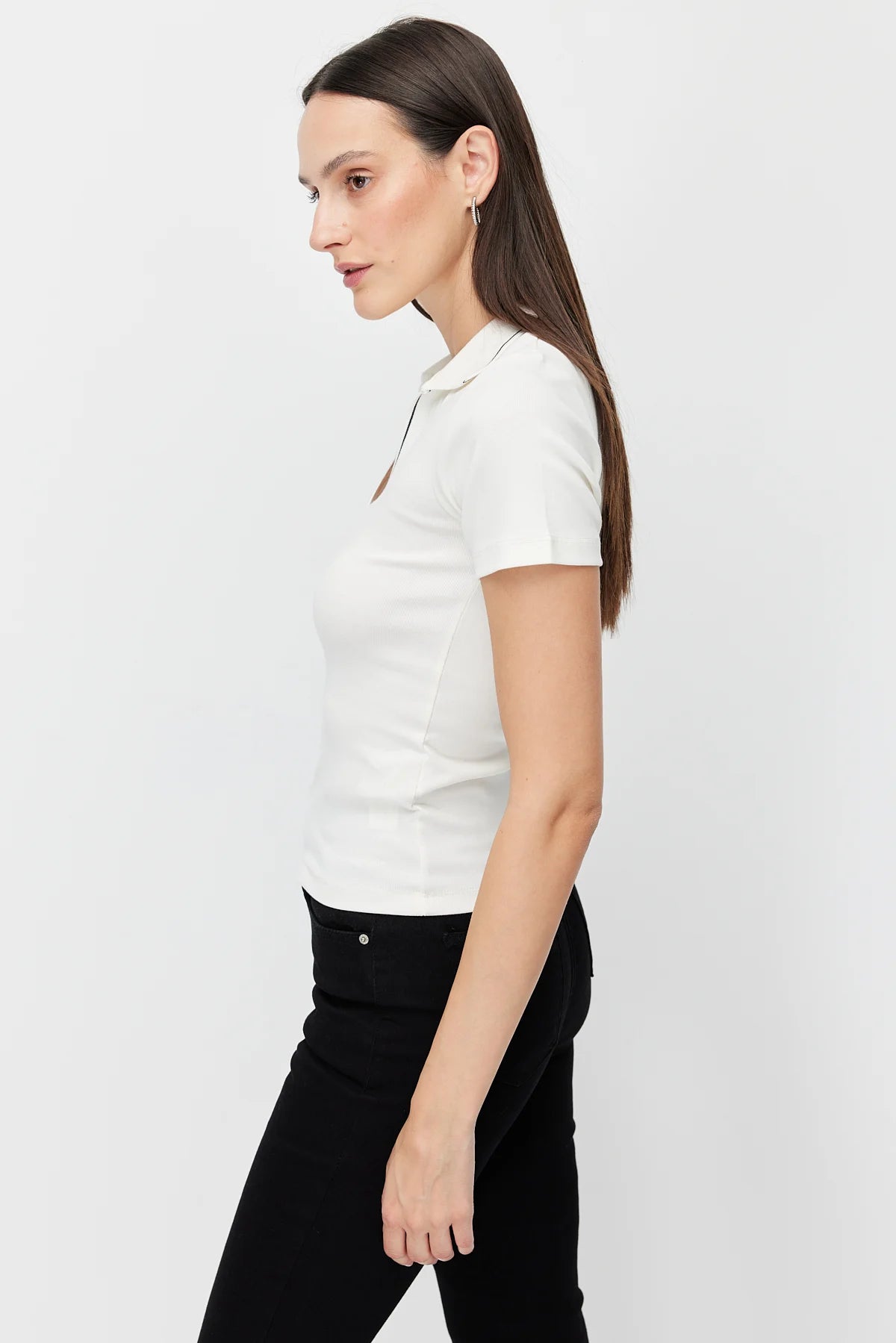 Women's Polo Collar Bodysuit with Contrast Stitching