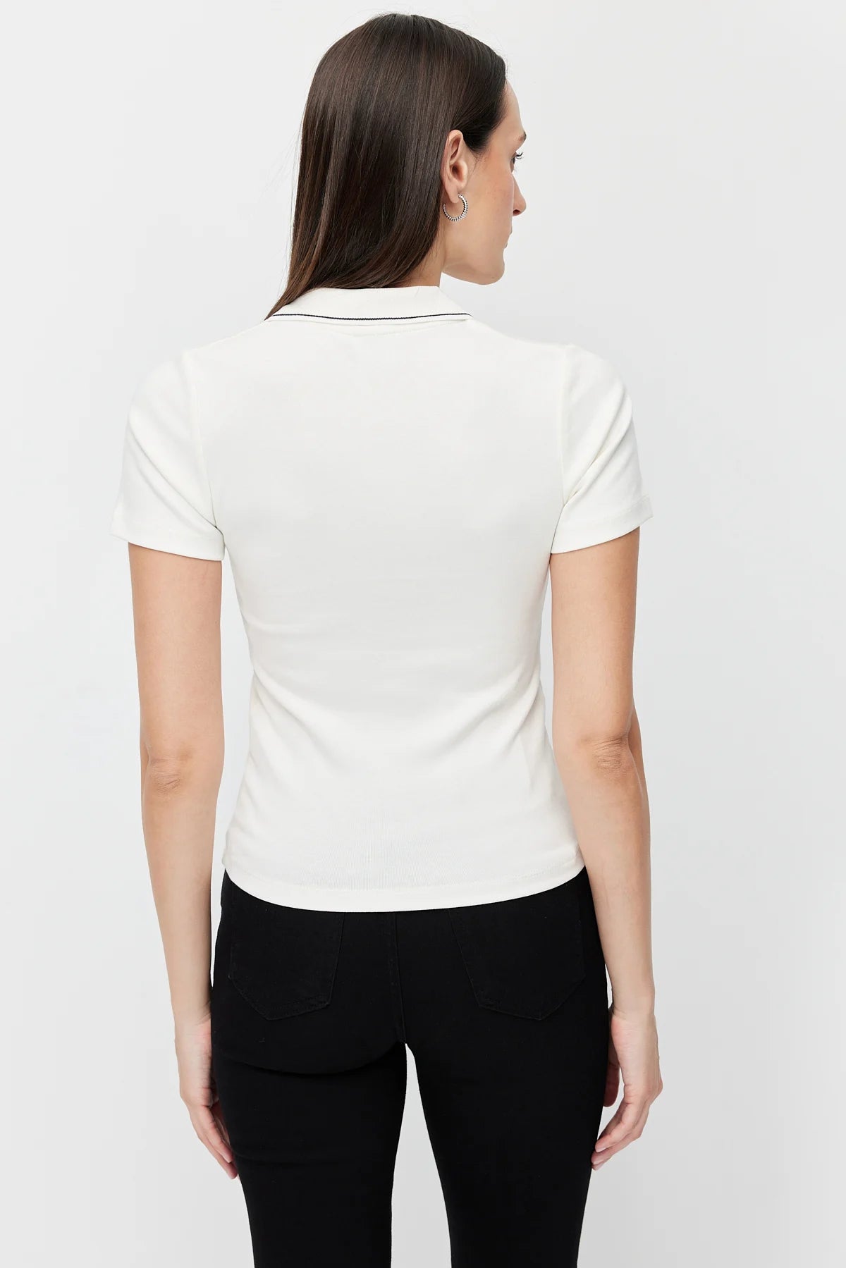 Women's Polo Collar Bodysuit with Contrast Stitching