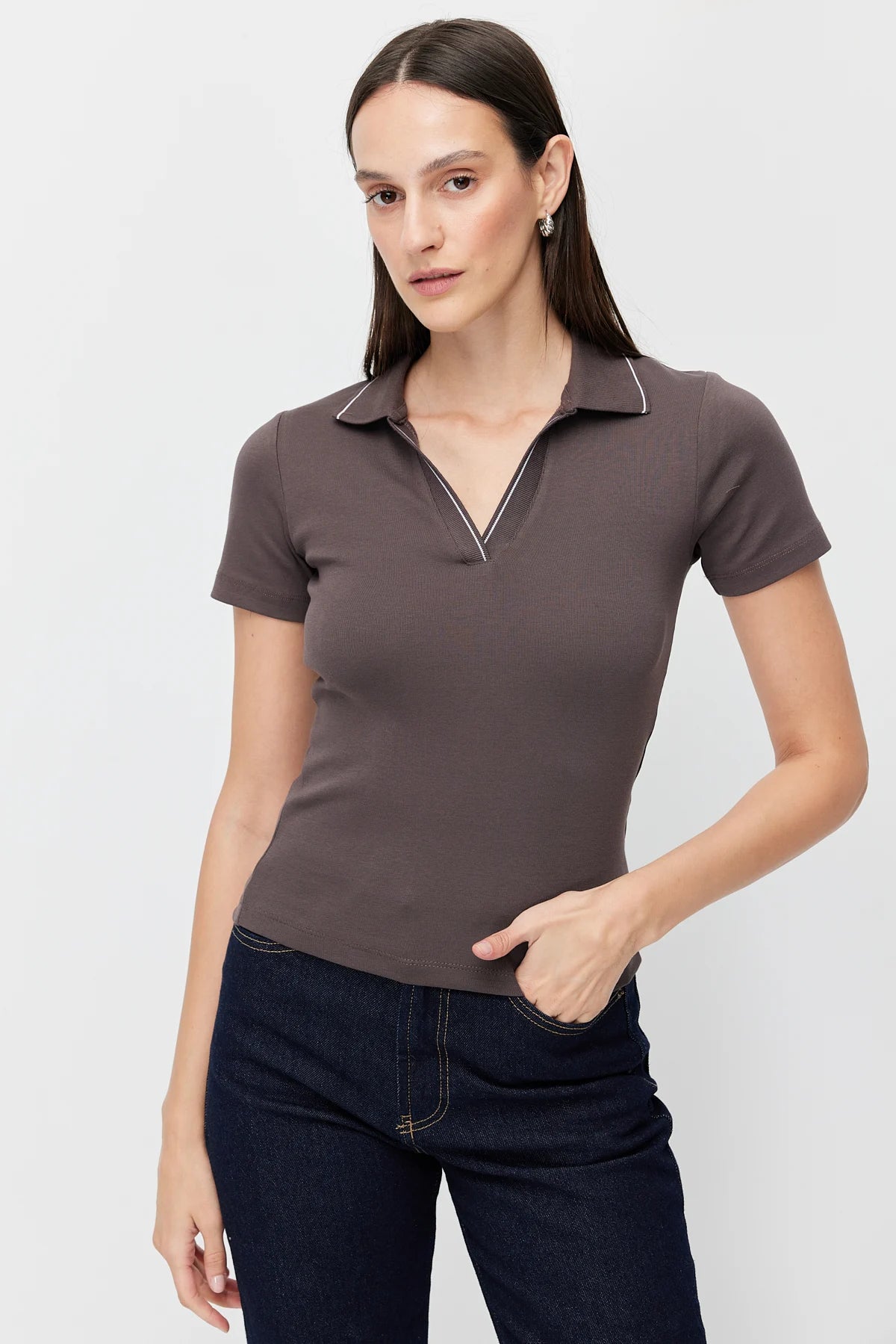 Women's Polo Collar Bodysuit with Contrast Stitching