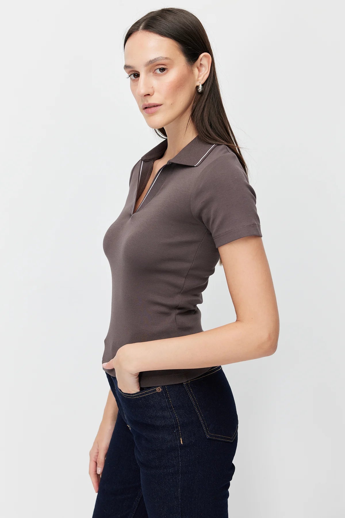 Women's Polo Collar Bodysuit with Contrast Stitching