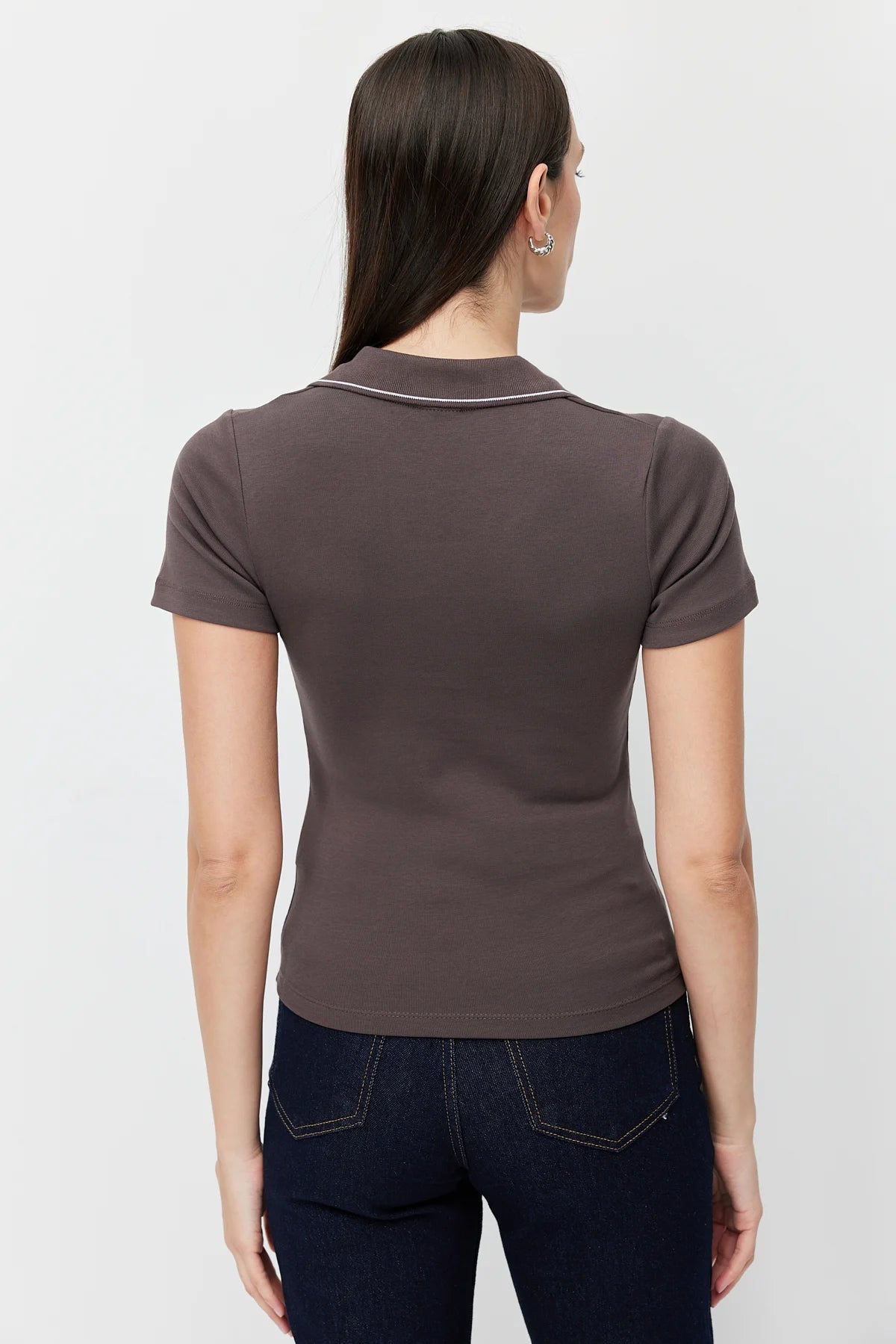Women's Polo Collar Bodysuit with Contrast Stitching