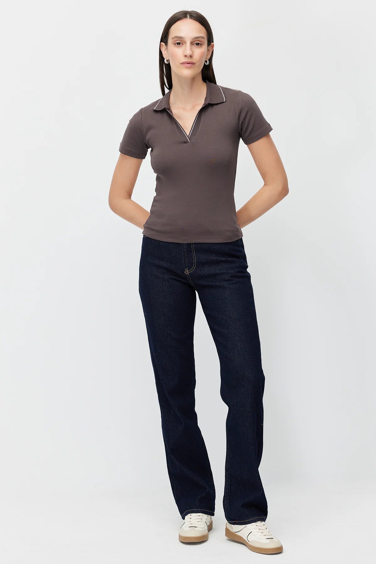 Women's Polo Collar Bodysuit with Contrast Stitching