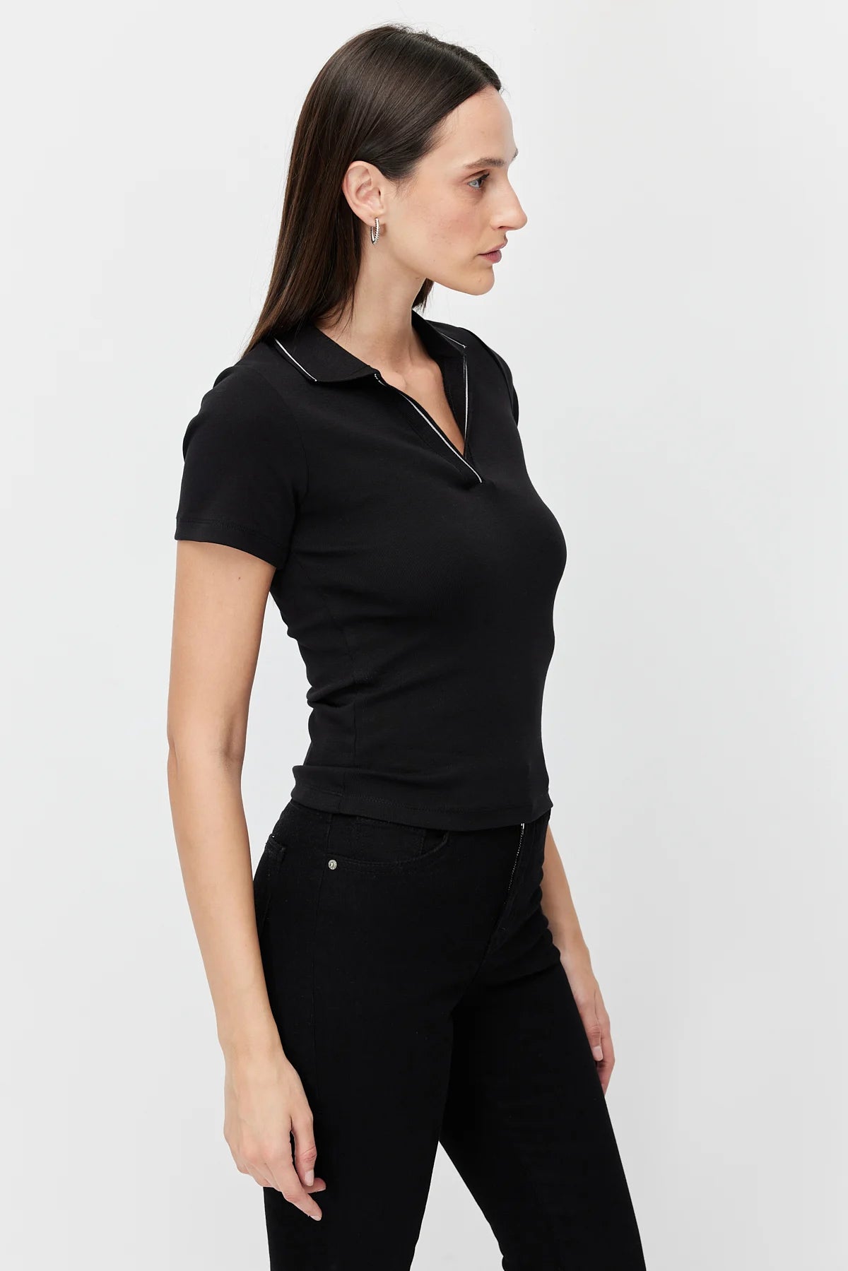 Women's Polo Collar Bodysuit with Contrast Stitching