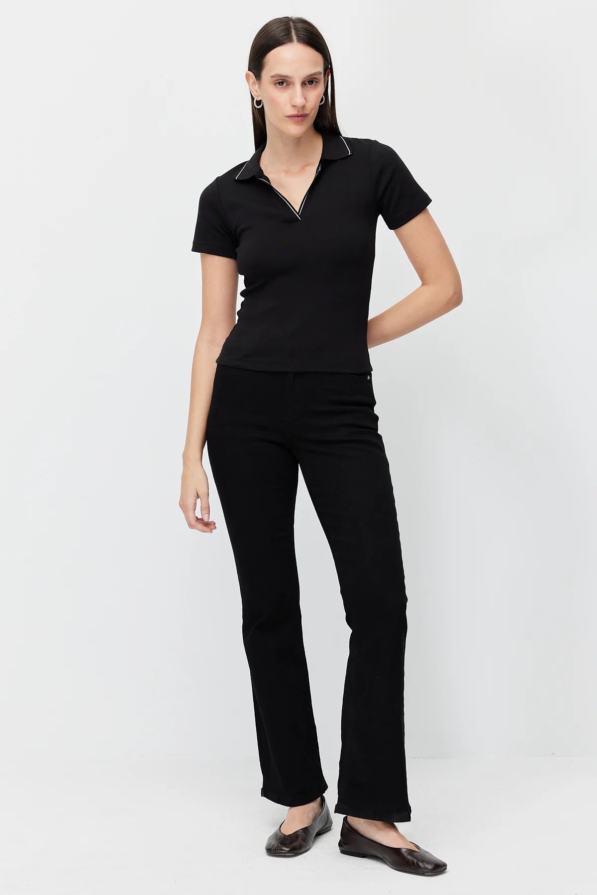 Women's Polo Collar Bodysuit with Contrast Stitching