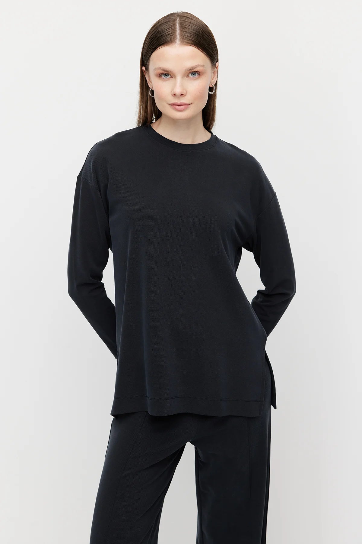 Women's Crew Neck Textured Blouse with Slit