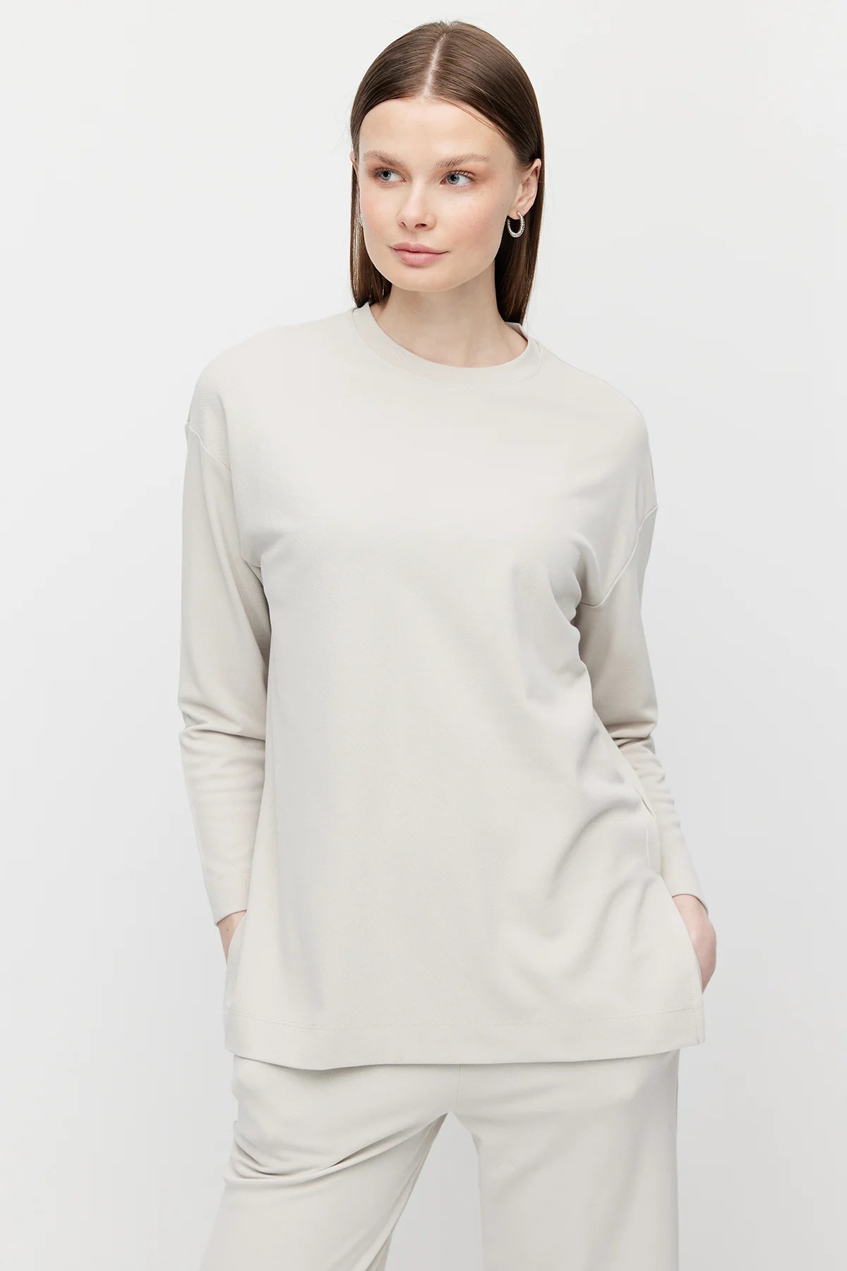 Women's Crew Neck Textured Blouse with Slit