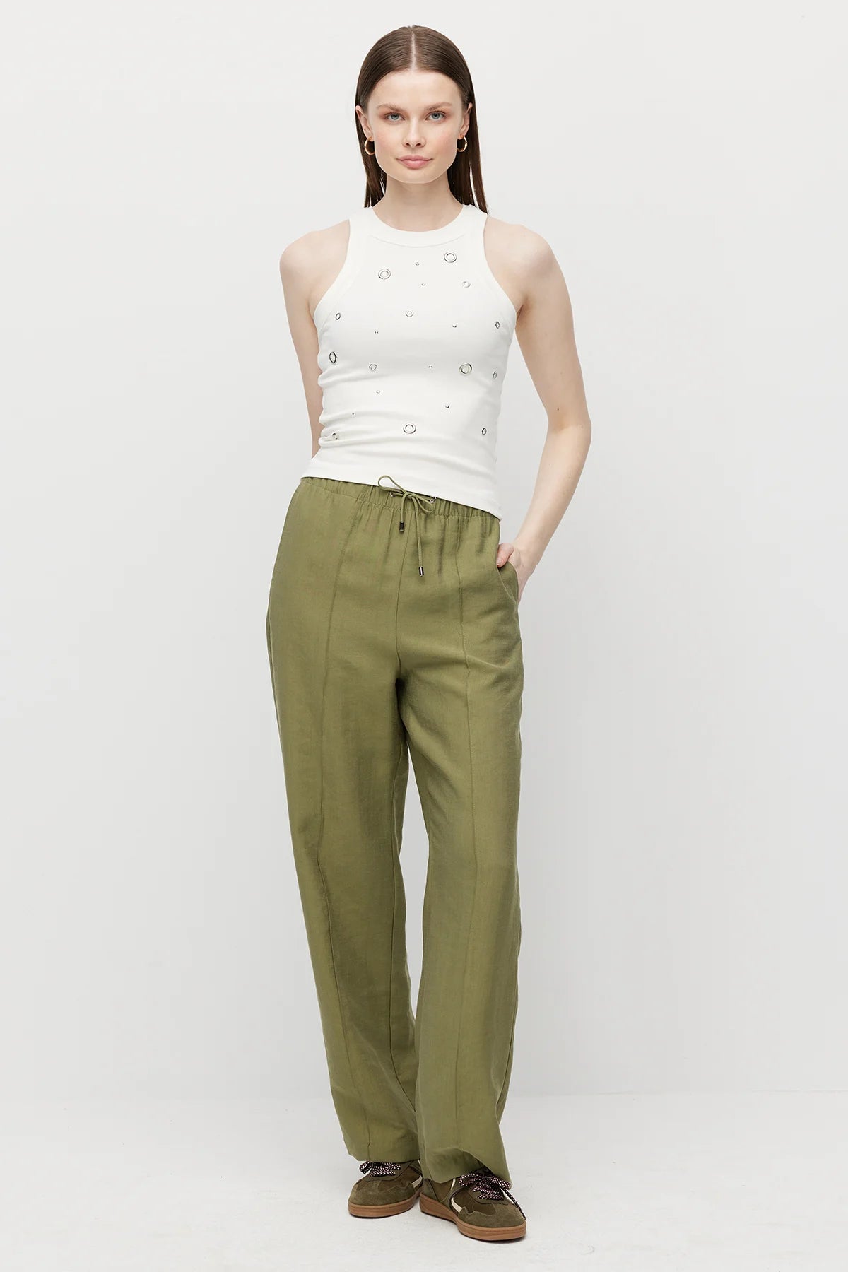 Women's Straight Cut Trousers with Front Seam and Elastic Waistband