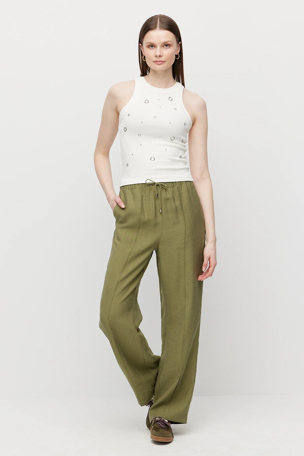 Women's Straight Cut Trousers with Front Seam and Elastic Waistband