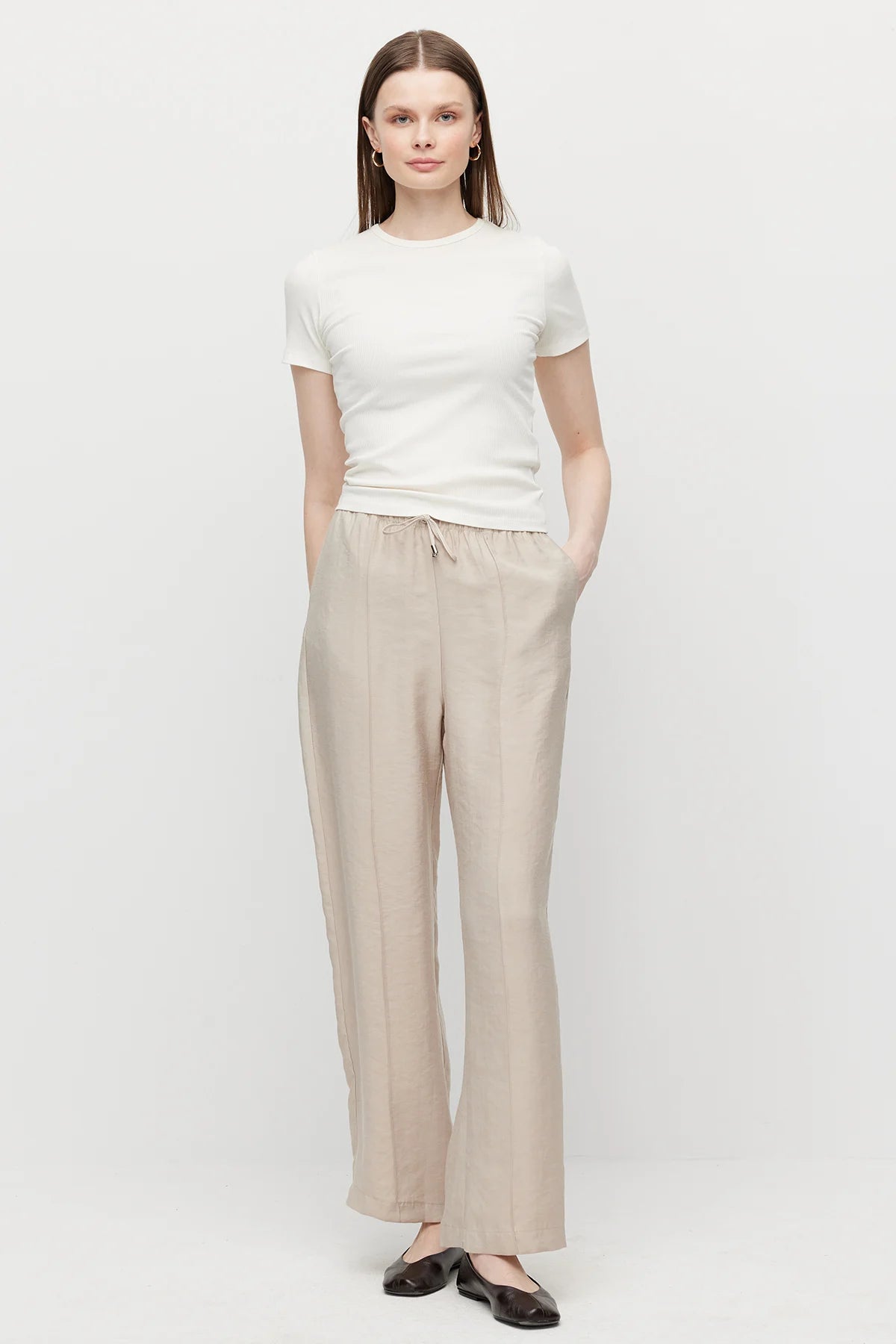 Women's Straight Cut Trousers with Front Seam and Elastic Waistband