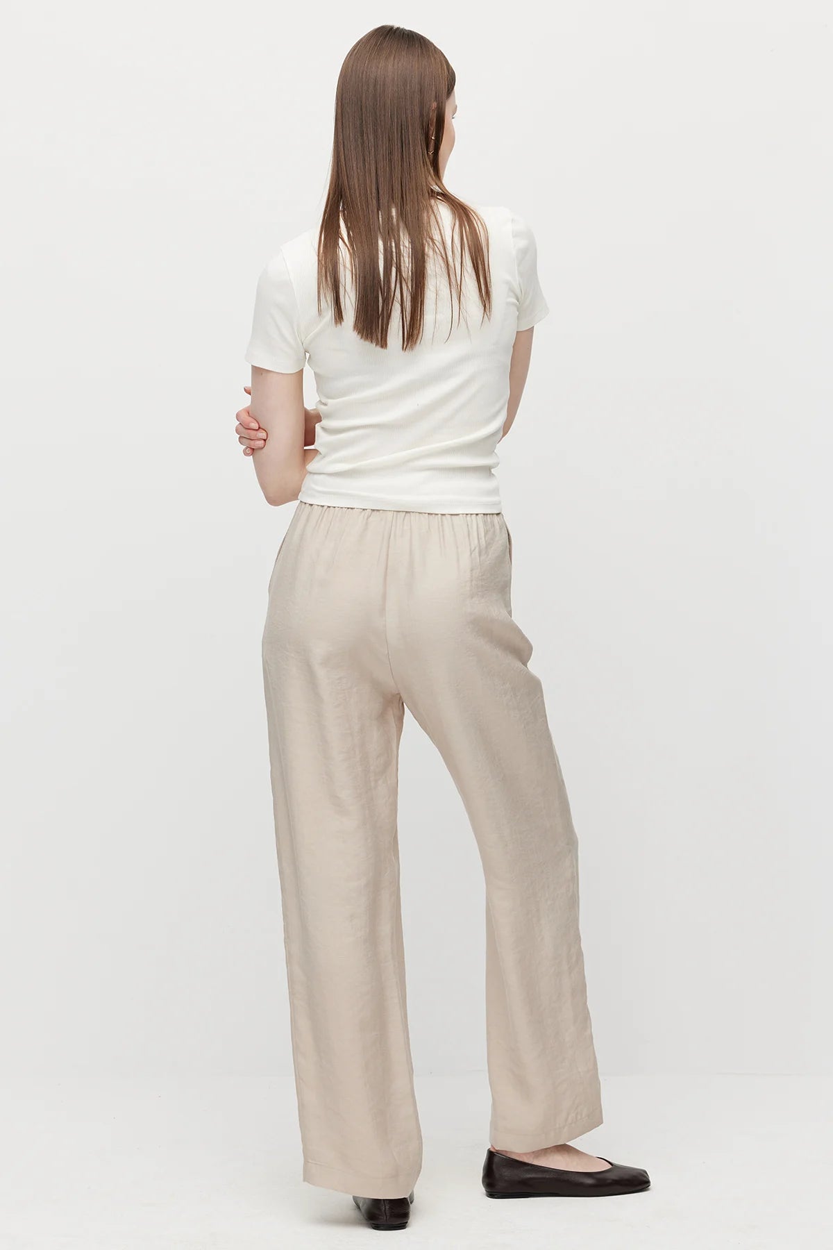 Women's Straight Cut Trousers with Front Seam and Elastic Waistband