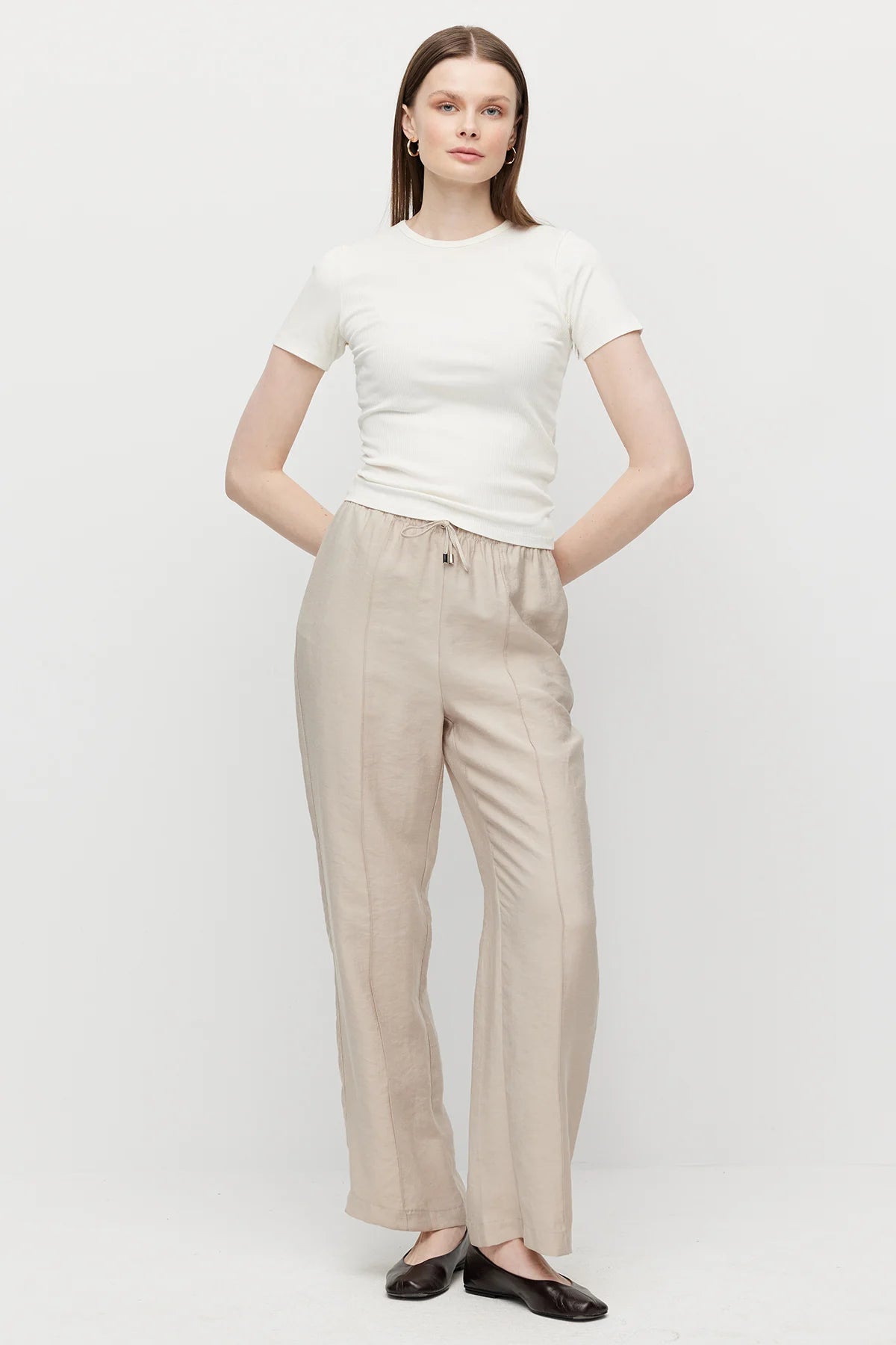 Women's Straight Cut Trousers with Front Seam and Elastic Waistband