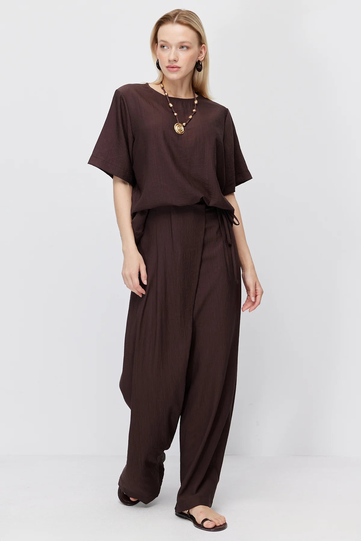 Women's Crinkle Wide Leg Double-Breasted Tie-Up Trousers