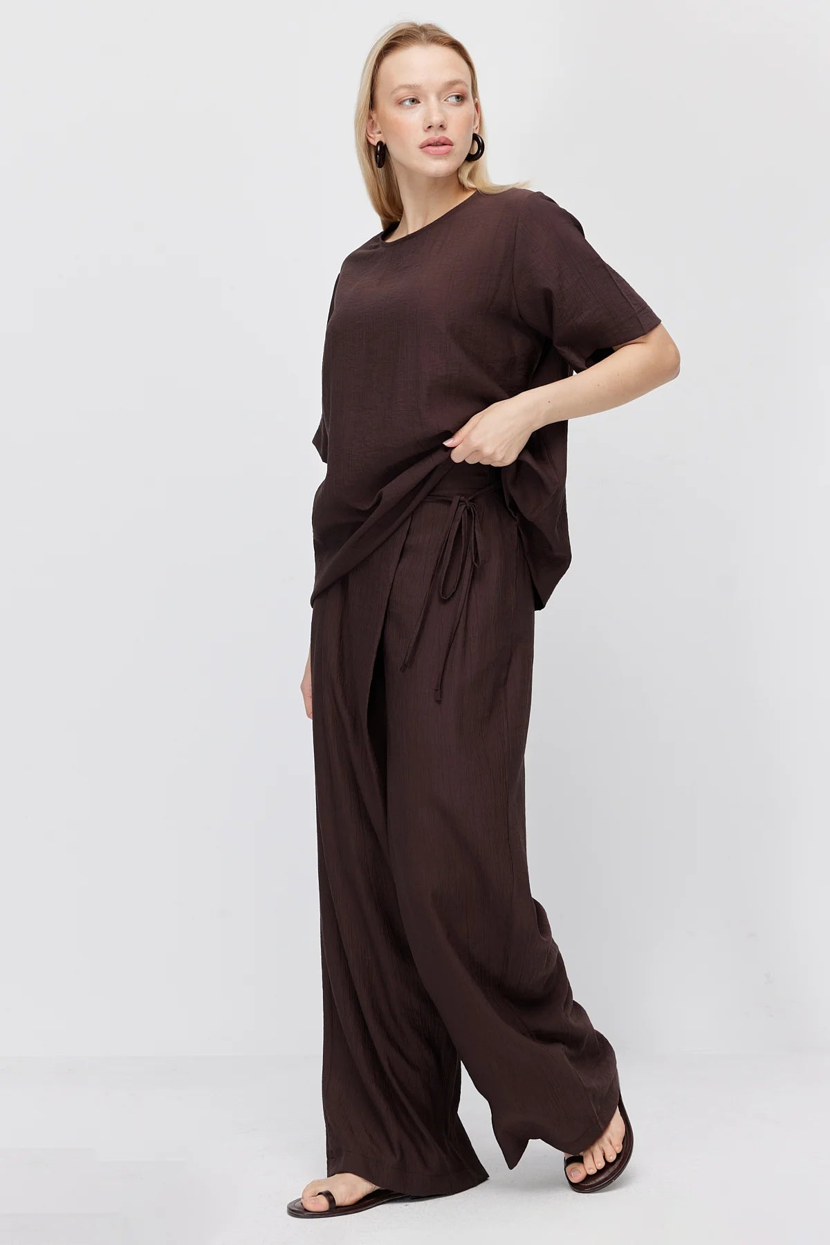 Women's Crinkle Wide Leg Double-Breasted Tie-Up Trousers