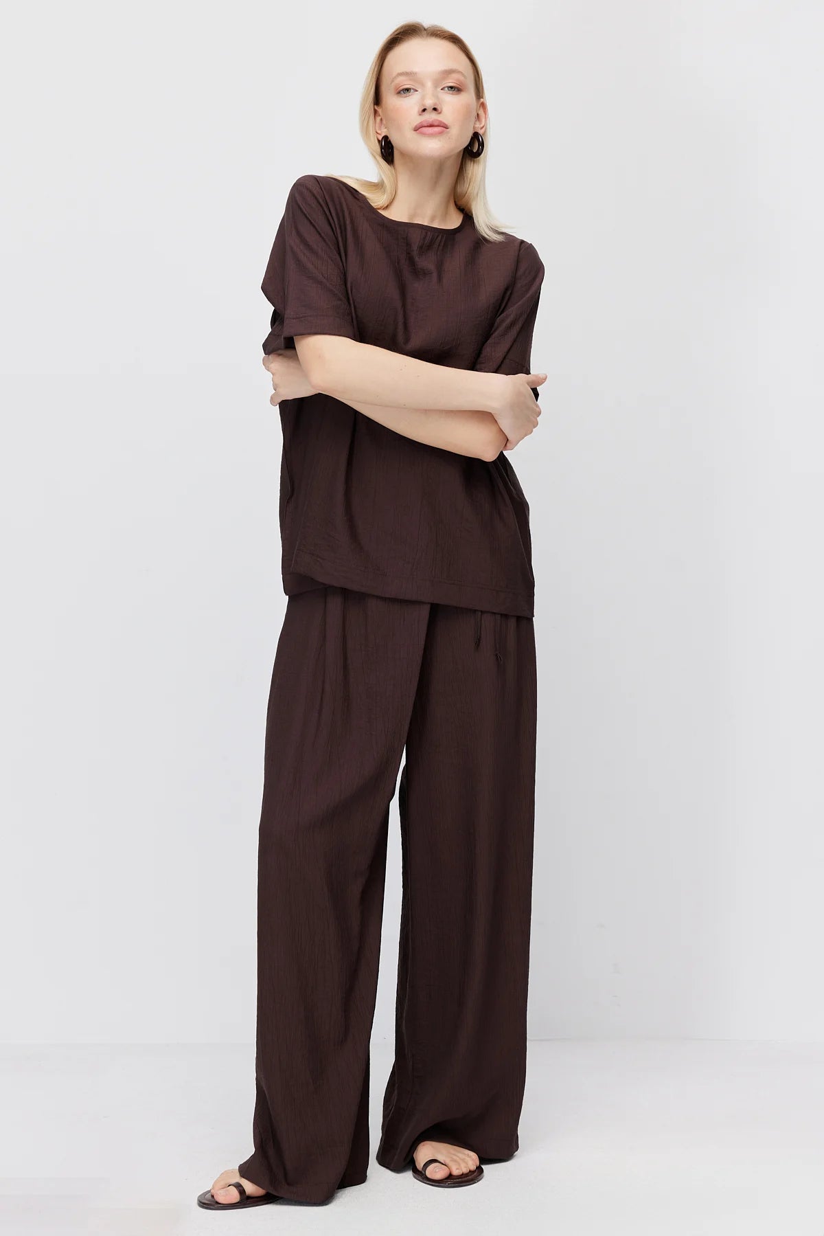 Women's Crinkle Wide Leg Double-Breasted Tie-Up Trousers
