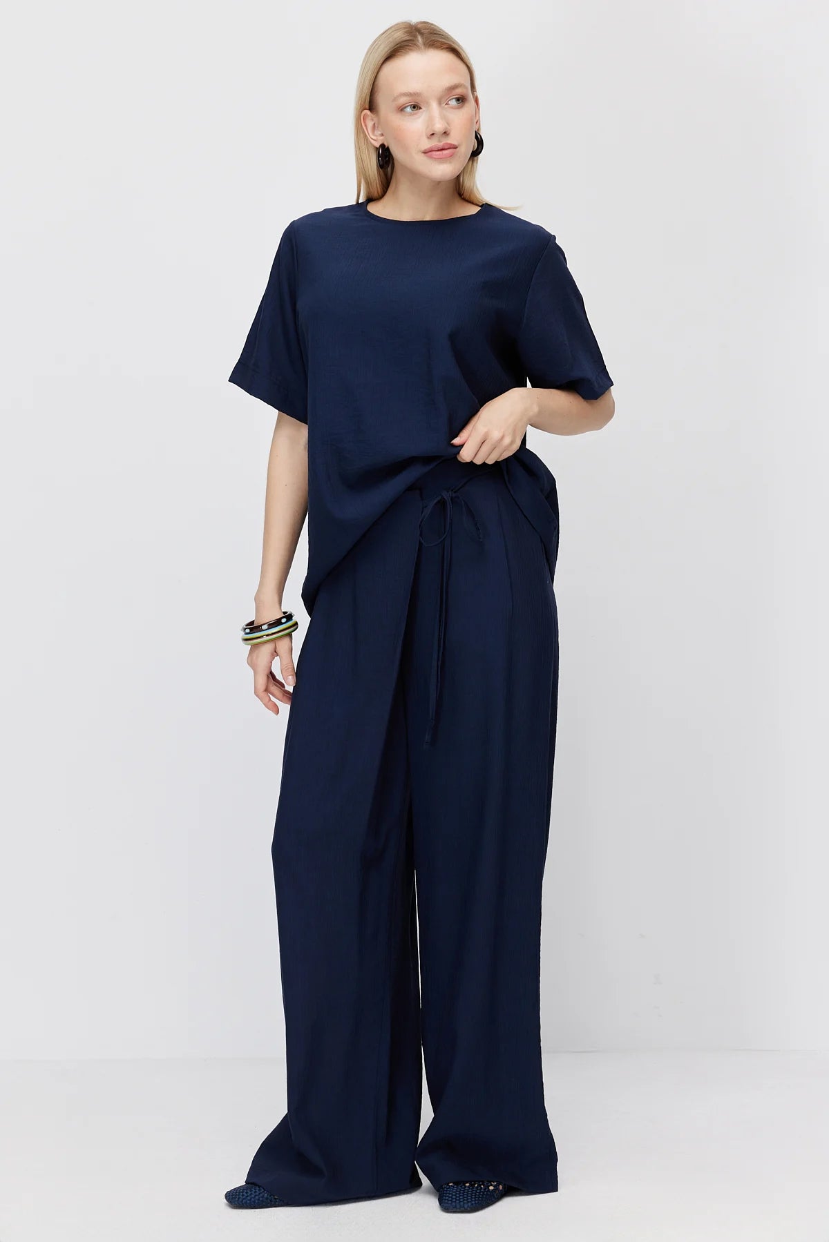 Women's Crinkle Wide Leg Double-Breasted Tie-Up Trousers