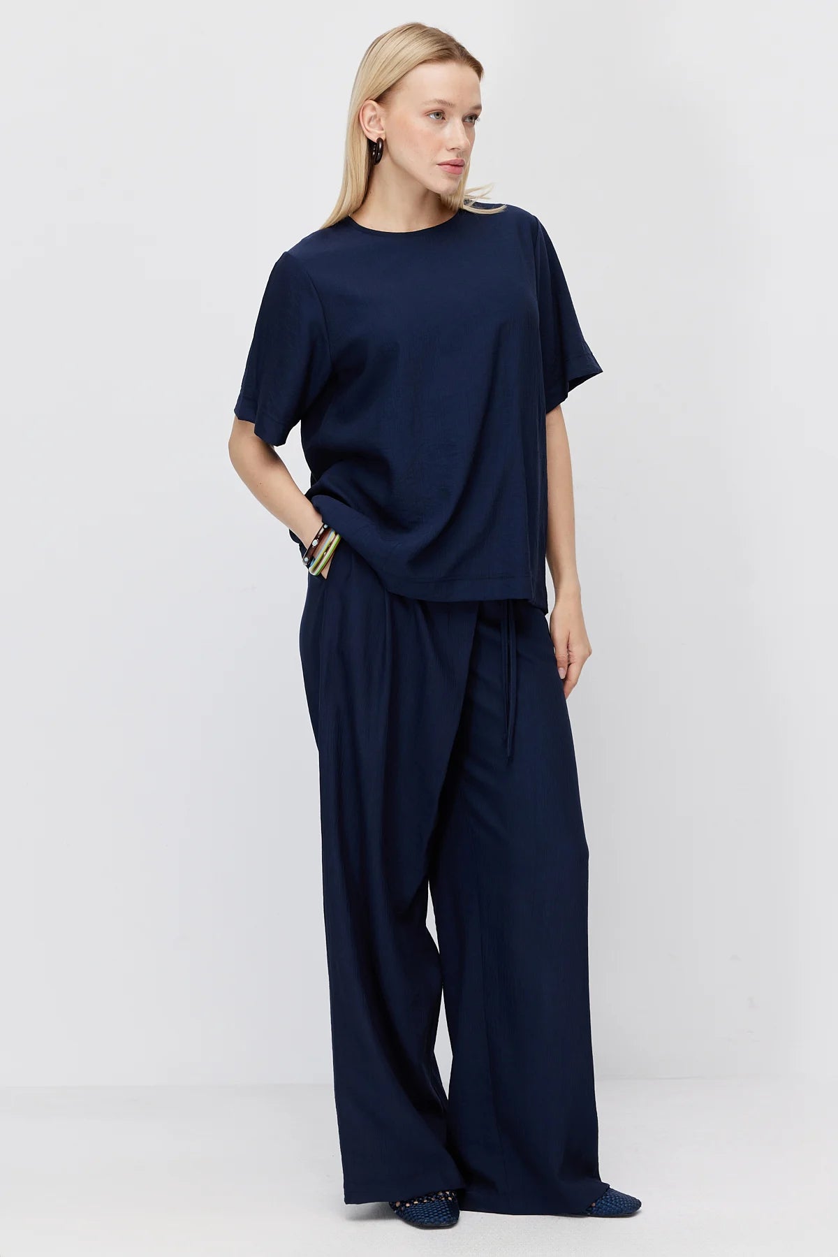 Women's Crinkle Wide Leg Double-Breasted Tie-Up Trousers